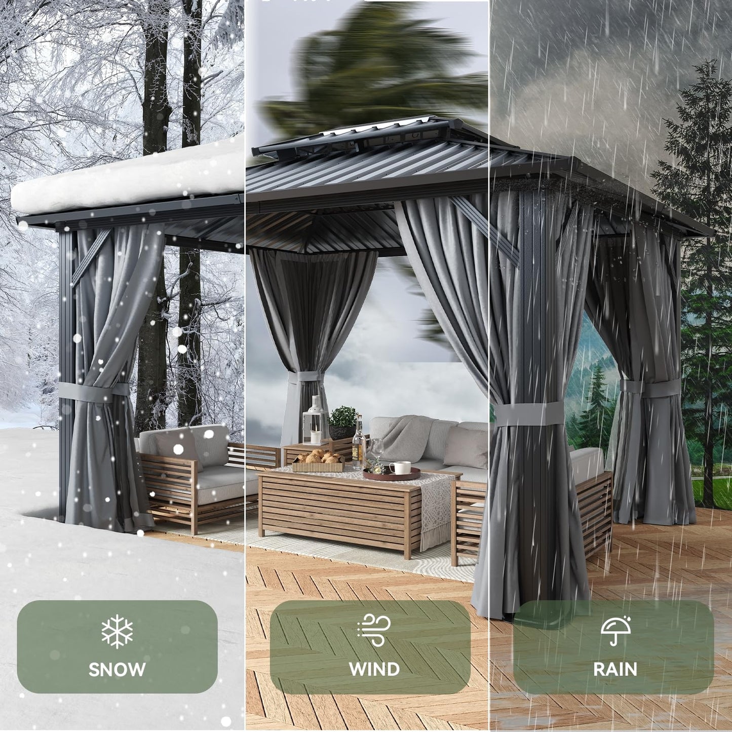 Aoxun 10x12 Gazebo Hardtop Gazebo with Double Galvanized Steel Roof Outdoor Pavilion with Breathable Netting and Privacy Curtain for Backyard (Gray)