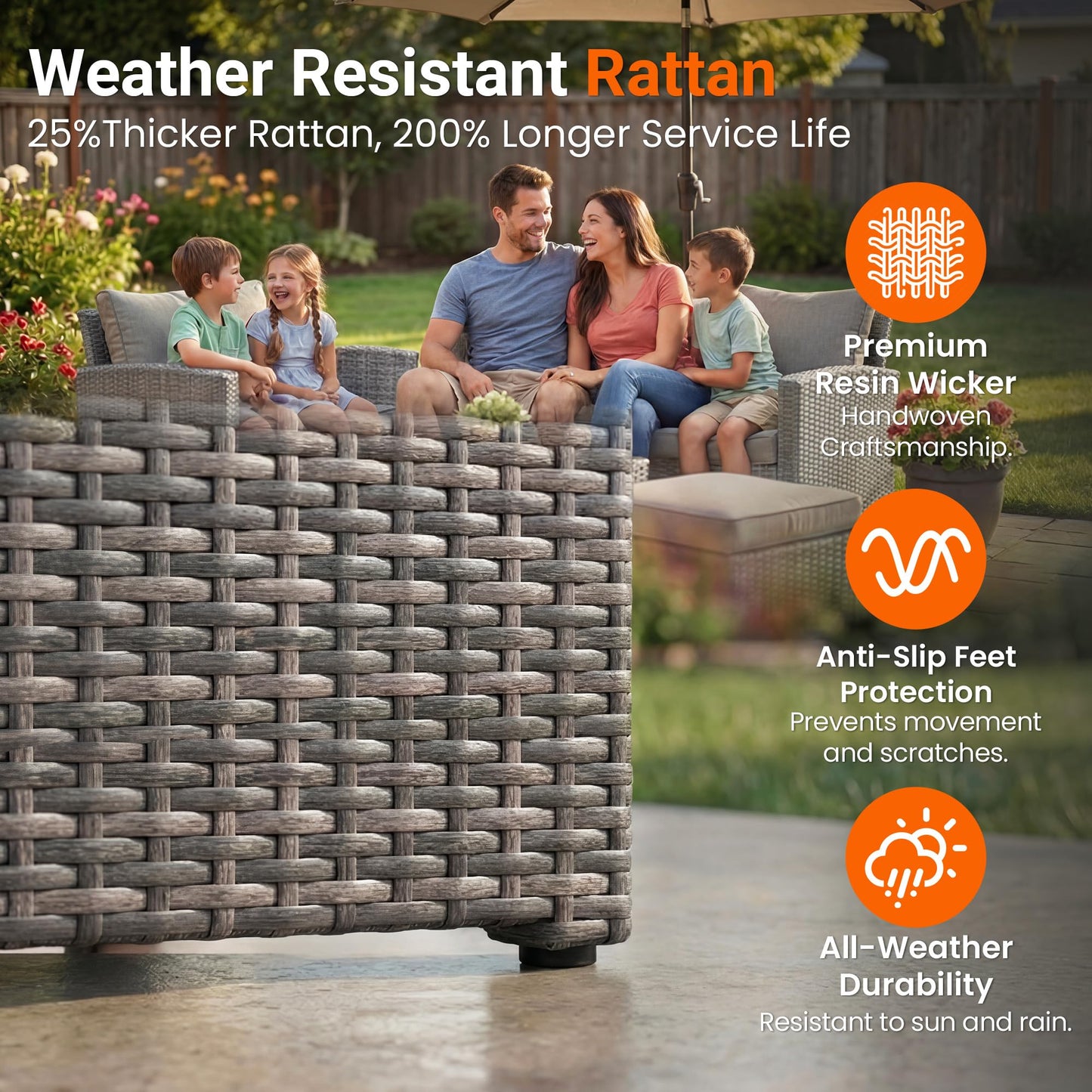 Wisteria Lane Patio Furniture Set, Wicker Outside Outdoor Furniture for All Weather, Patio Sofa with High Backrest Support and Wide Armrest for Backyard, Balcony, Deck, Porch, Light Gray