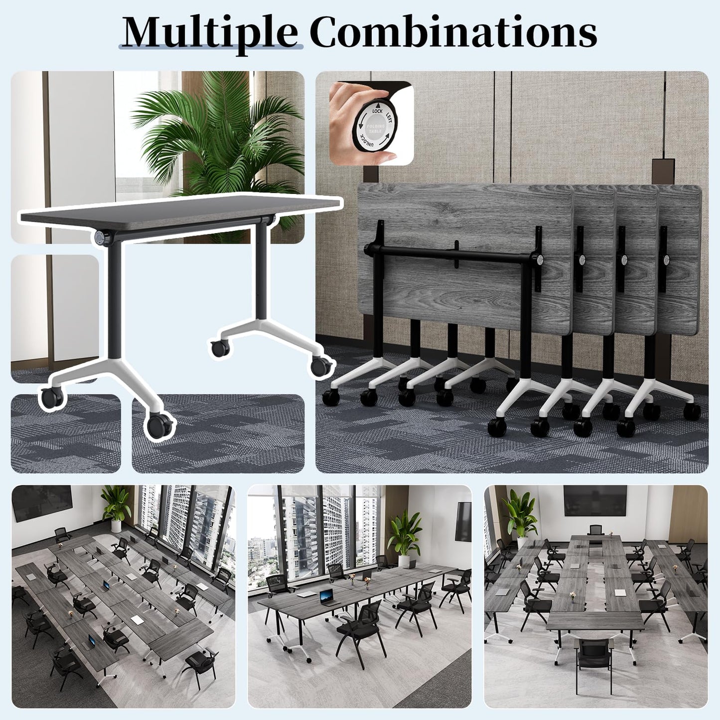 Modular Folding Conference Table with Wheels,6 Pack Mobile Conference Room Tables,Filp Top Rolling Meeting Training Tables for Office,Classroom,Library,Seminar,Boardroom,school(6pack,Grey,47in)
