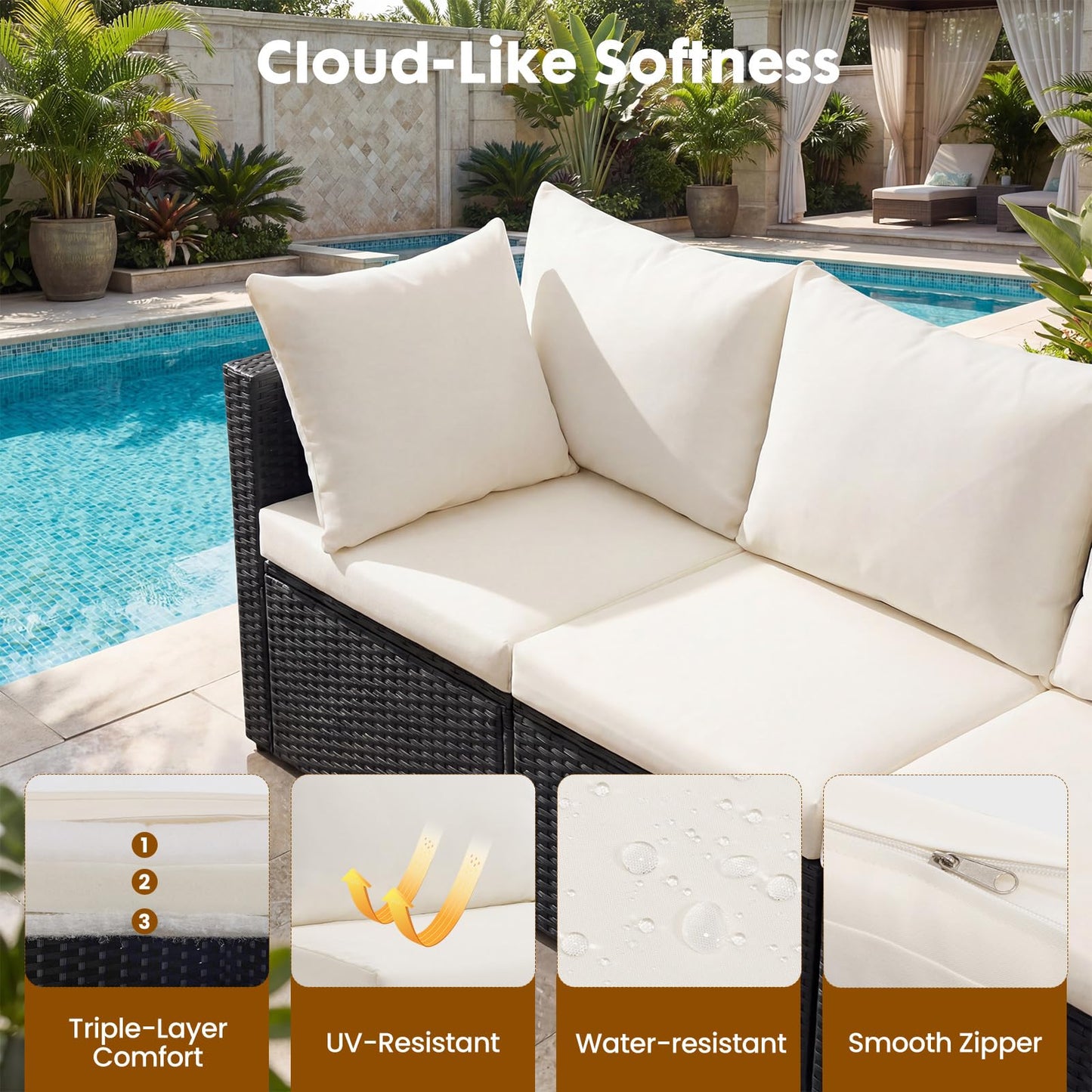 Sweetcrispy 7-Piece Outdoor Patio Sectional Sofa, Modular PE Wicker Outdoor Sectional with Thick Cushions, Rattan Patio Sofa Set with Coffee Table for Backyard, Poolside, Garden, Deck, Black