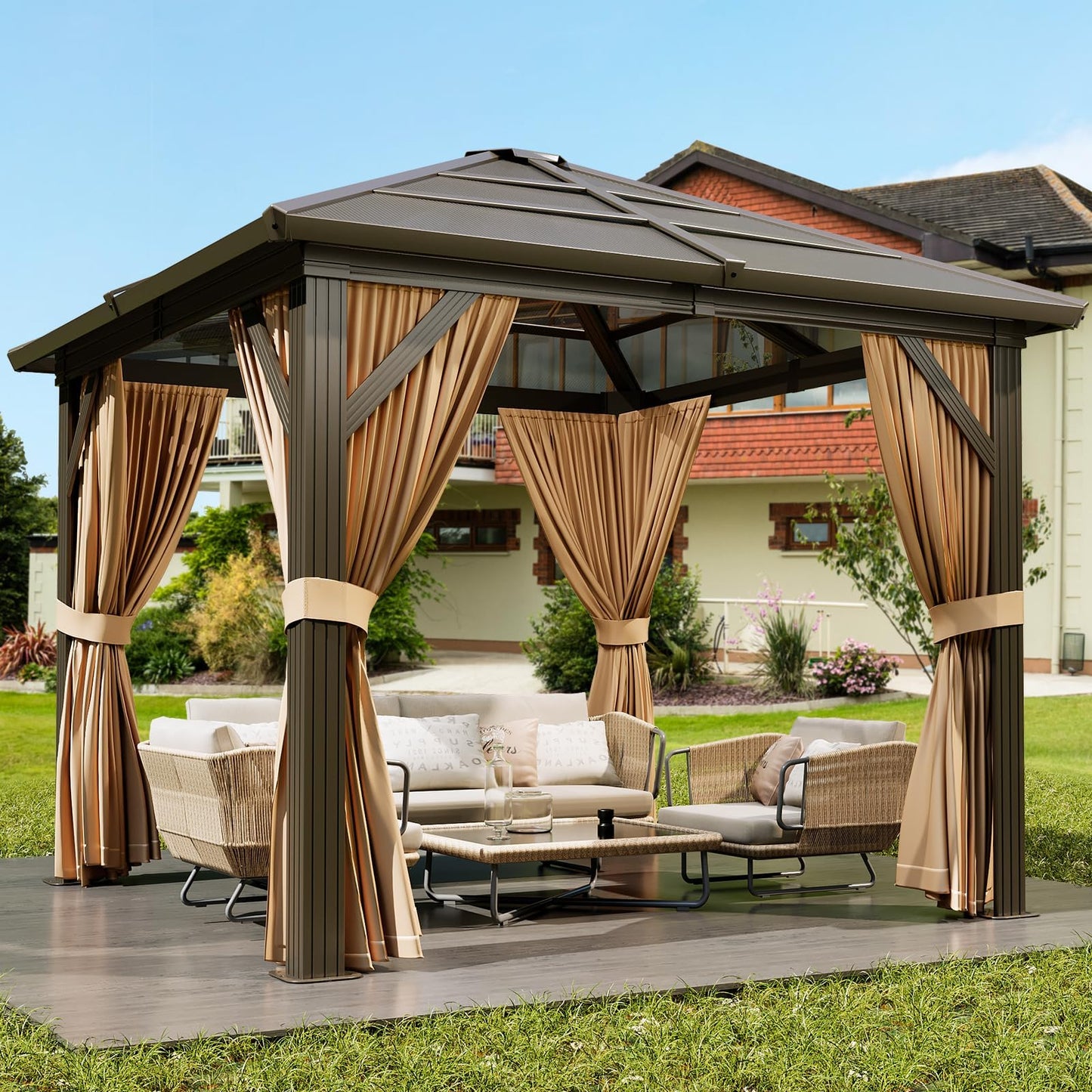 GAOMON 10'x12' Hardtop Gazebo, Outdoor Polycarbonate Double Roof Canopy, Aluminum Frame Permanent Pavilion with Curtains and Netting, Sunshade for Garden, Patio, Lawns (10x12ft), Brown