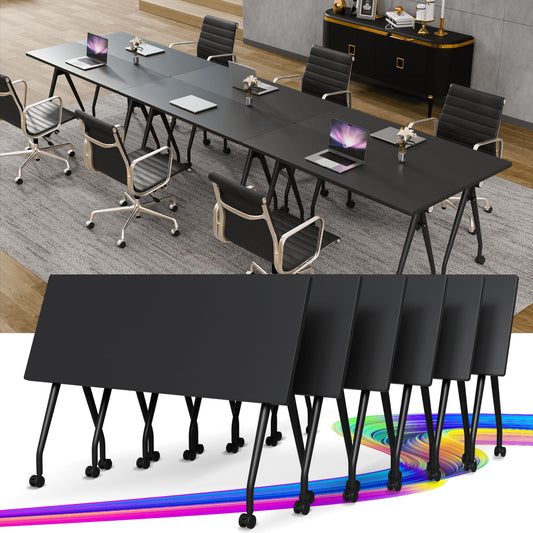 Conference Table with Wheels, Folding Conference Table with Knob & 4 Brake Casters, Modular Flip Top Mobile Conference Room Table for Office, Meeting, Training Room, Class (6, Black, 55.1in)