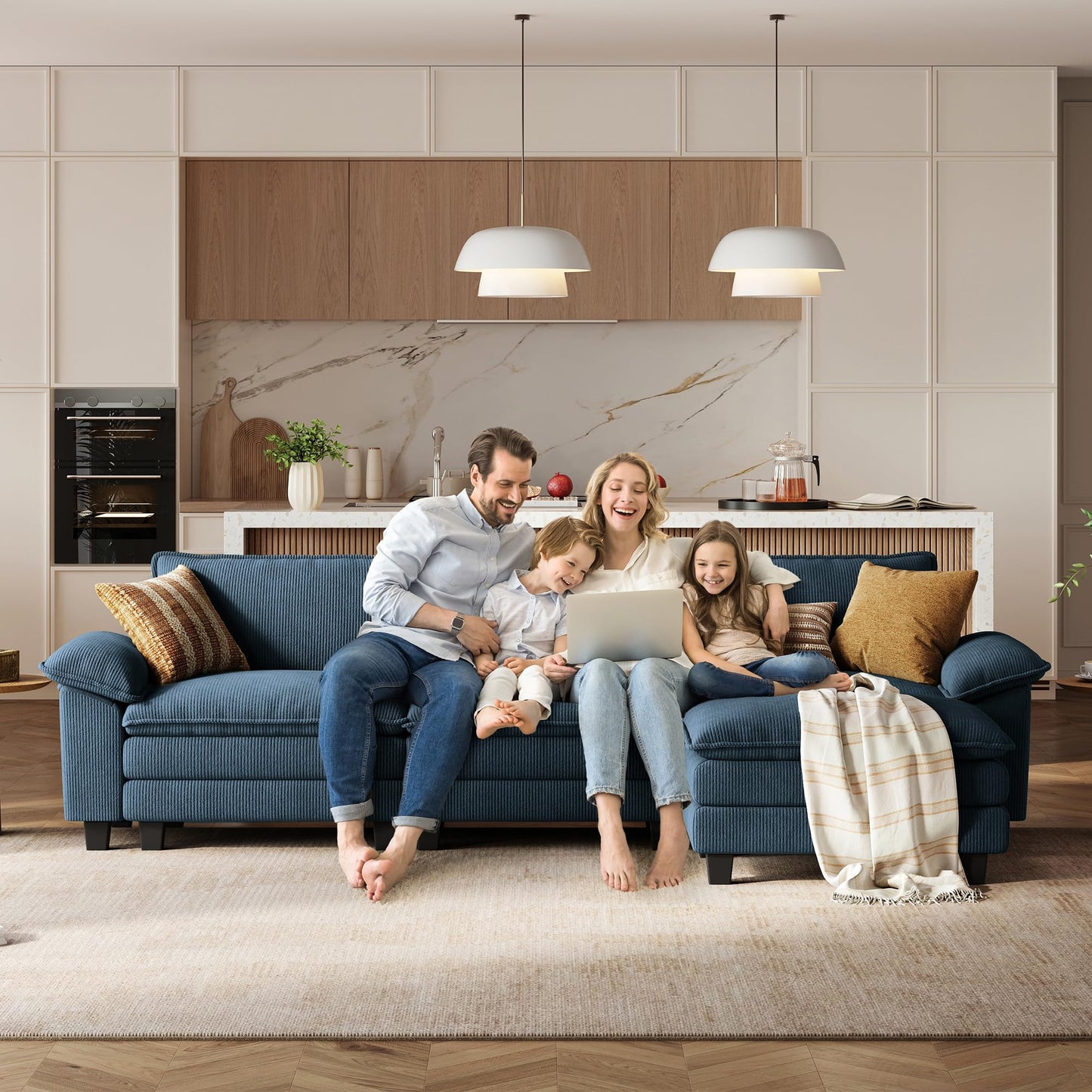 LINSY HOME 157'' Modular Sectional Sofa Blue Couch Corduroy Cloud Couches for Living Room, U Shaped Couch with Movable Ottoman, Modern Cloud Sectional Sofas for Bedroom and Apartment, Blue