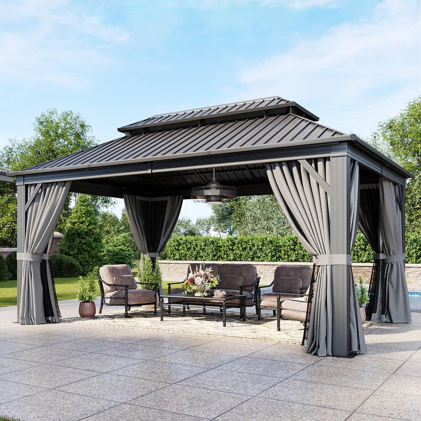 Aoxun 12'x16' Hardtop Gazebo, Aluminum Frame Canopy with Double Galvanized Steel Roof, Outdoor Metal Pavilion with Netting Curtains and 20 inch Ceiling Fans with Lights for Backyard, Patio and Deck