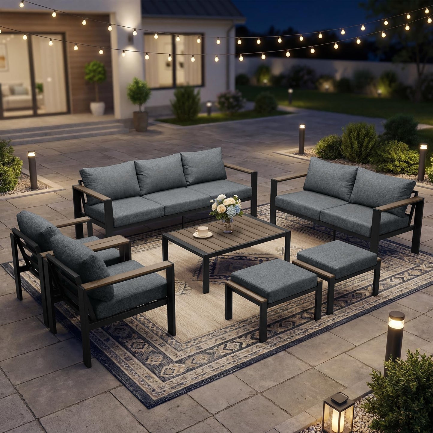 SAILARY Outdoor Patio Furniture Set 7 Pieces Luxury Aluminum Patio Conversation Set with Coffee Table and 2 Ottoman 9 Seats, Thick Cushions, Large Sectional Sofa for Porch, Balcony, Deck, Yard, Gray