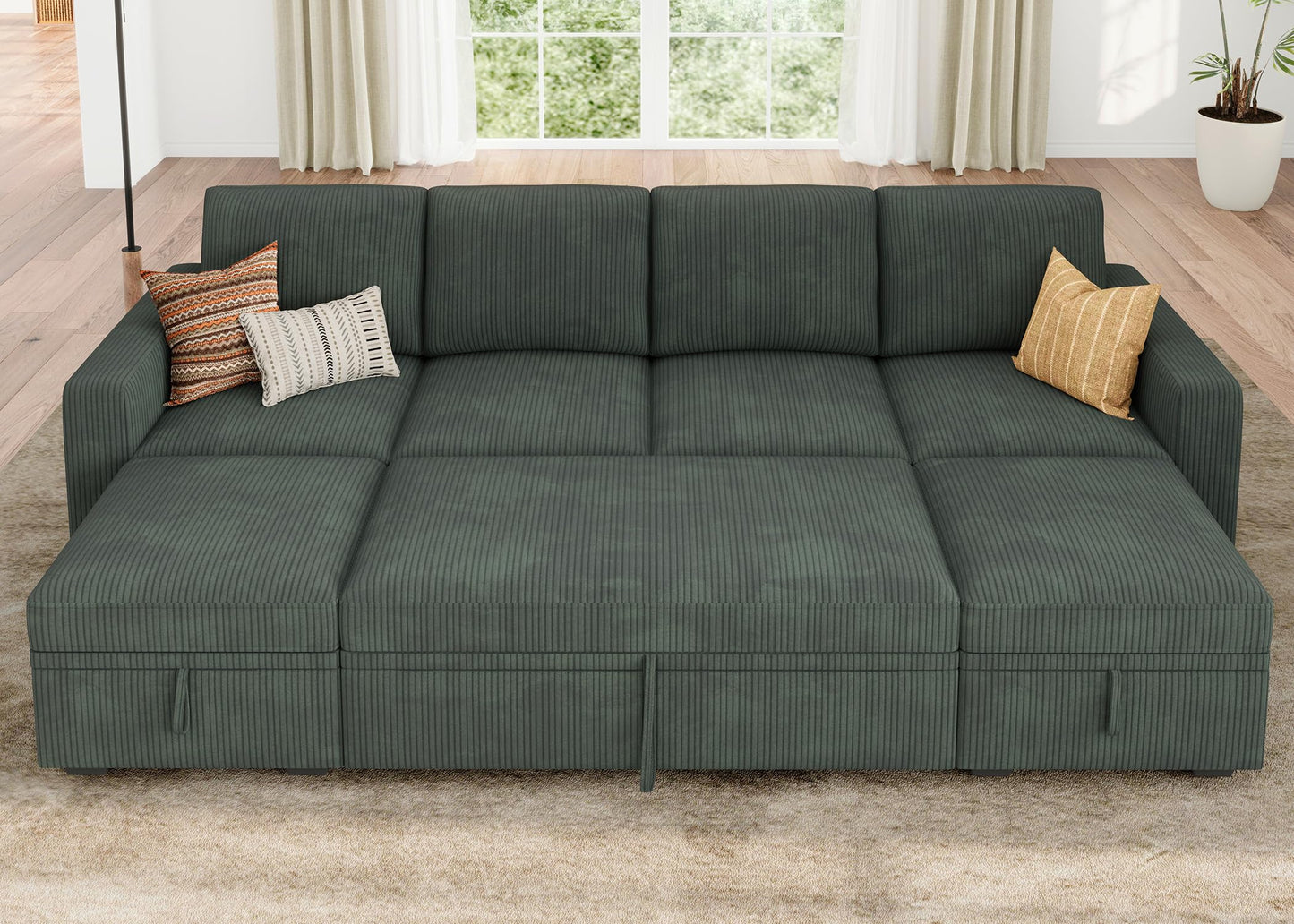 HONBAY Modular Sectional Sleeper Sofa Bed, Corduroy Pull Out Couch with Storage Ottoman, U Shaped Sectional Couches for Living Room, Green