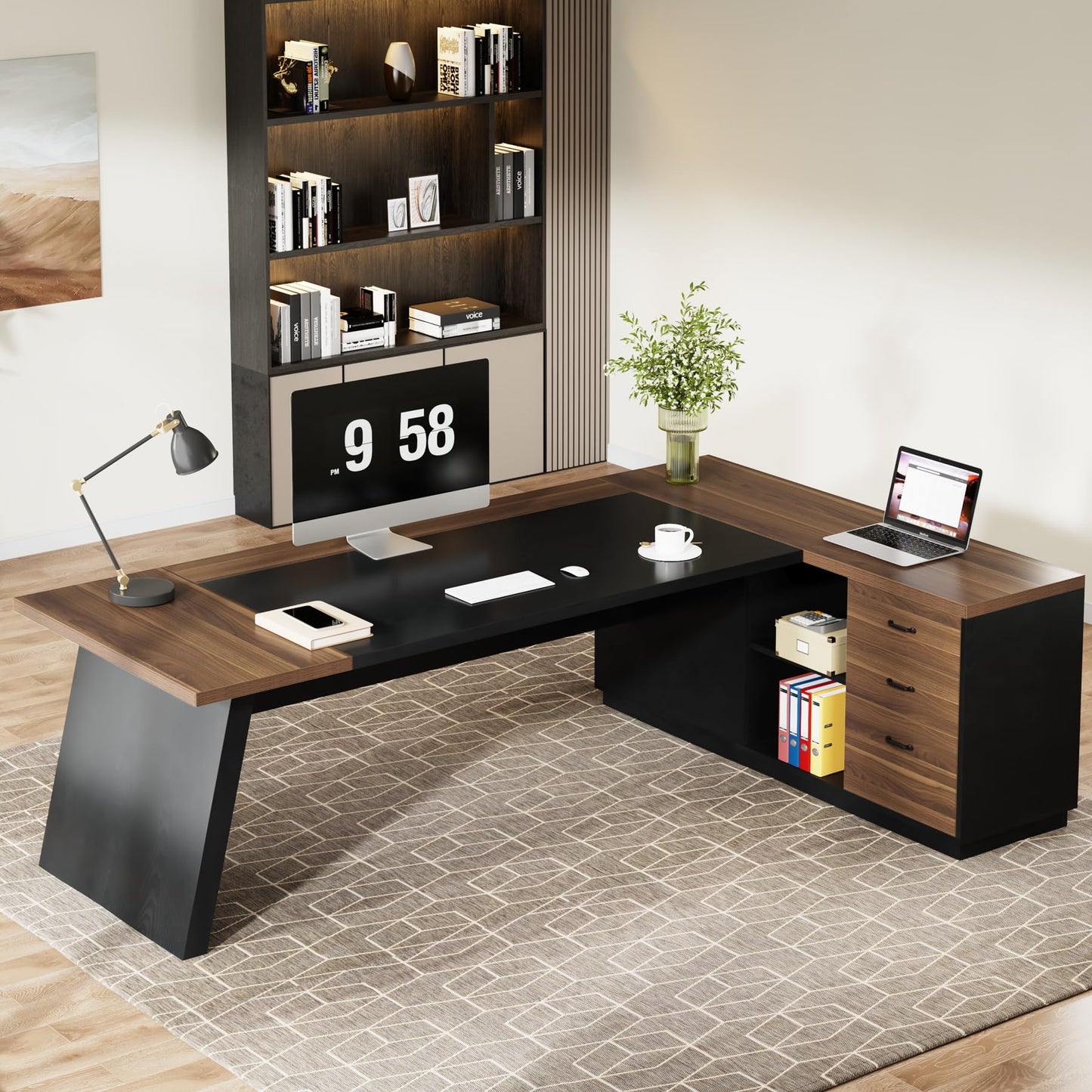 Tribesigns 78" L-Shaped Executive Desk, Extra Large Modern Office Desk with Drawers and File Cabinet, Business Furniture with Storage Shelves, Big Computer Desk for Home Office (Light Walnut + Black)