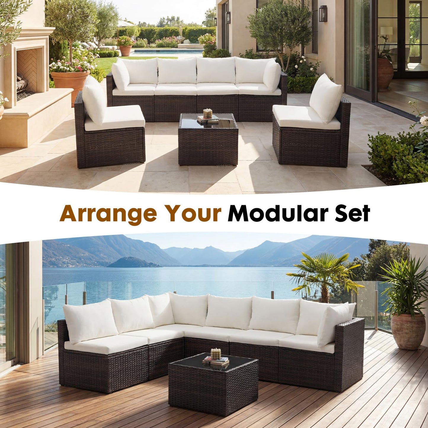 Sweetcrispy 7-Piece Outdoor Patio Sectional Sofa, Modular PE Wicker Outdoor Sectional with Thick Cushions, Rattan Patio Sofa Set with Coffee Table for Backyard, Poolside, Garden, Deck, Brown