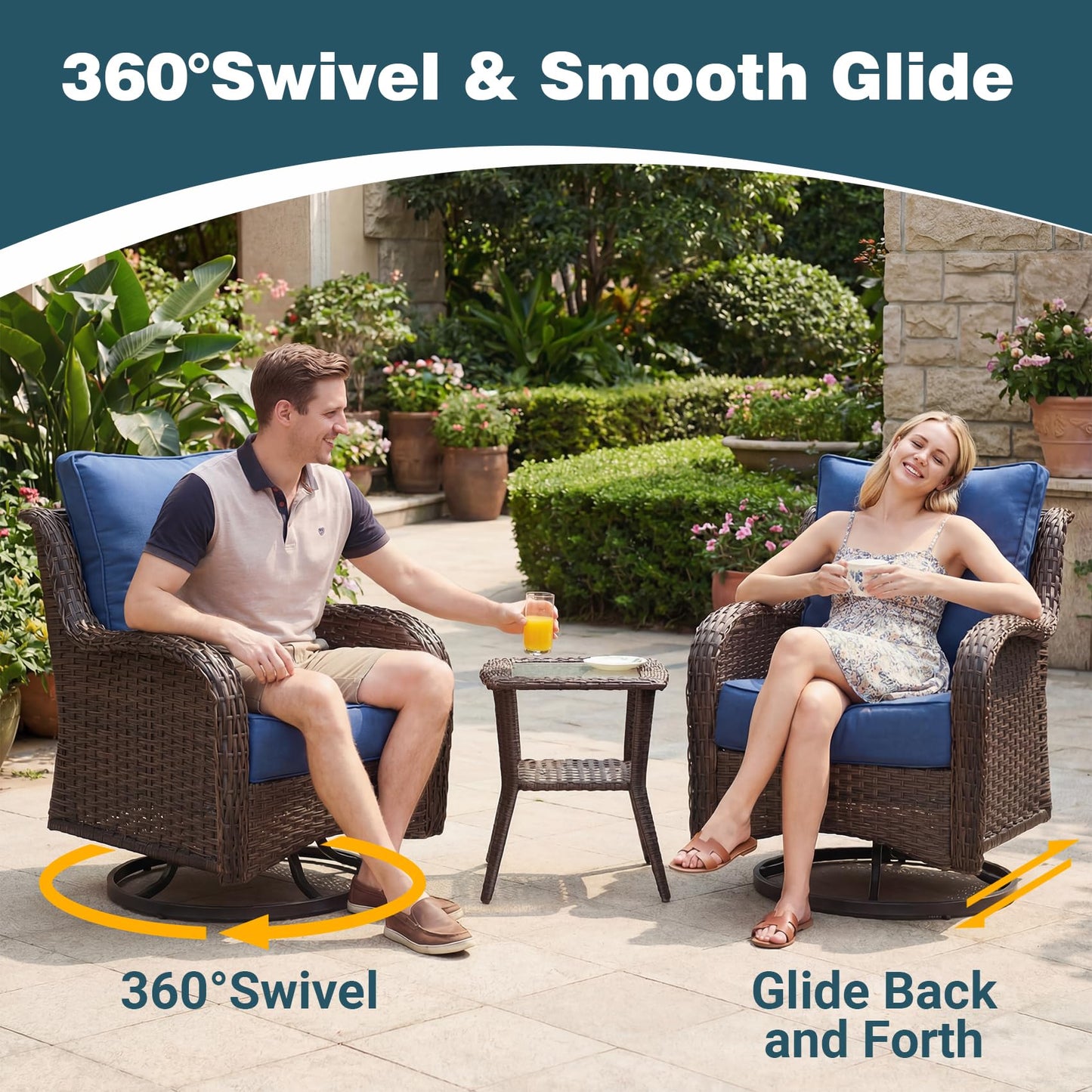 SAILARY Patio Furniture Set, 3PCS Outdoor Wicker Conversation Set Porch Furniture with 6" Thick Cushions, High Back Swivel Chairs, Weather Resistant Olefin Fabric for Garden, Poolside, Navy Blue