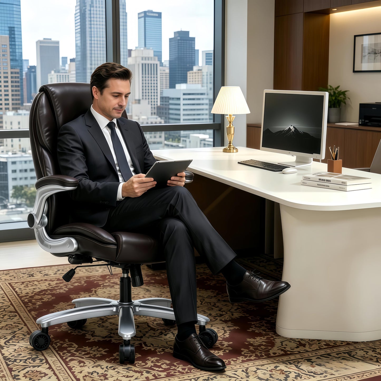 ZLHECTO Big and Tall Office Chair, Ergonomic Desk Chair with Flip-up Arms, PU Leather Office Chair for Home Office, Computer Chair with Adjustable Lumbar Support, Space Saving Executive Task Chair