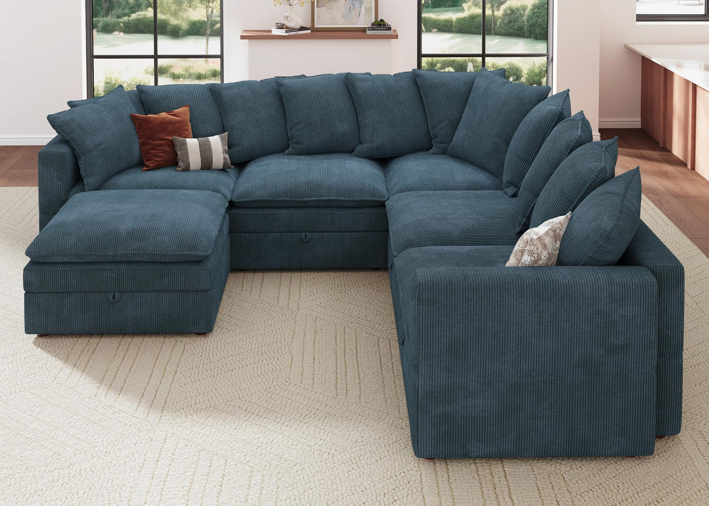 HONBAY Modular Sectional Sofa, 6 Seat U Shaped Corduroy Couch with Storage & Pillows, Convertible Sectional Couches for Living Room, Blue