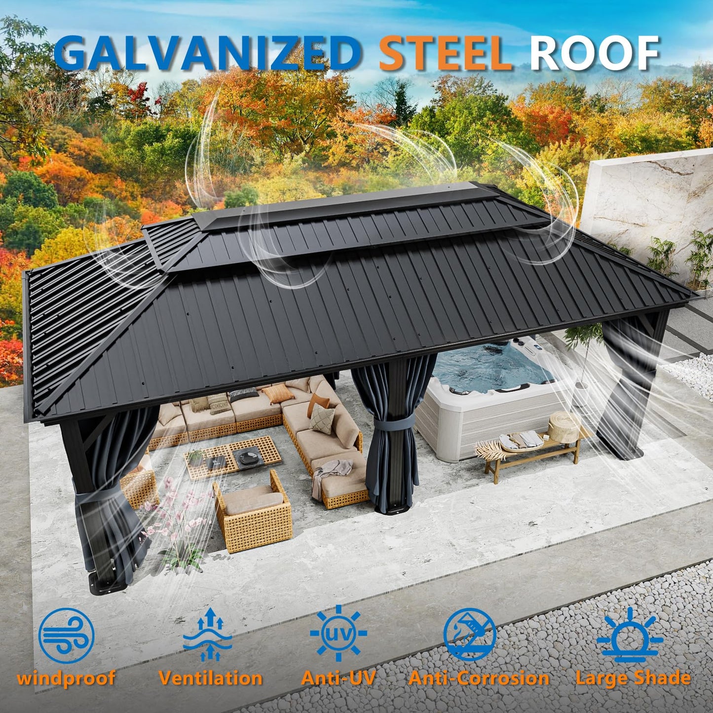 HOTEEL 12x20 Hardtop Gazebo on clearance with Metal Roof & Drainage System, Heavy Duty Galvanized Steel Gazebo with Aluminum Frame, Privacy Curtains and Netting, for All-Weather, Black (2026 Upgraded)