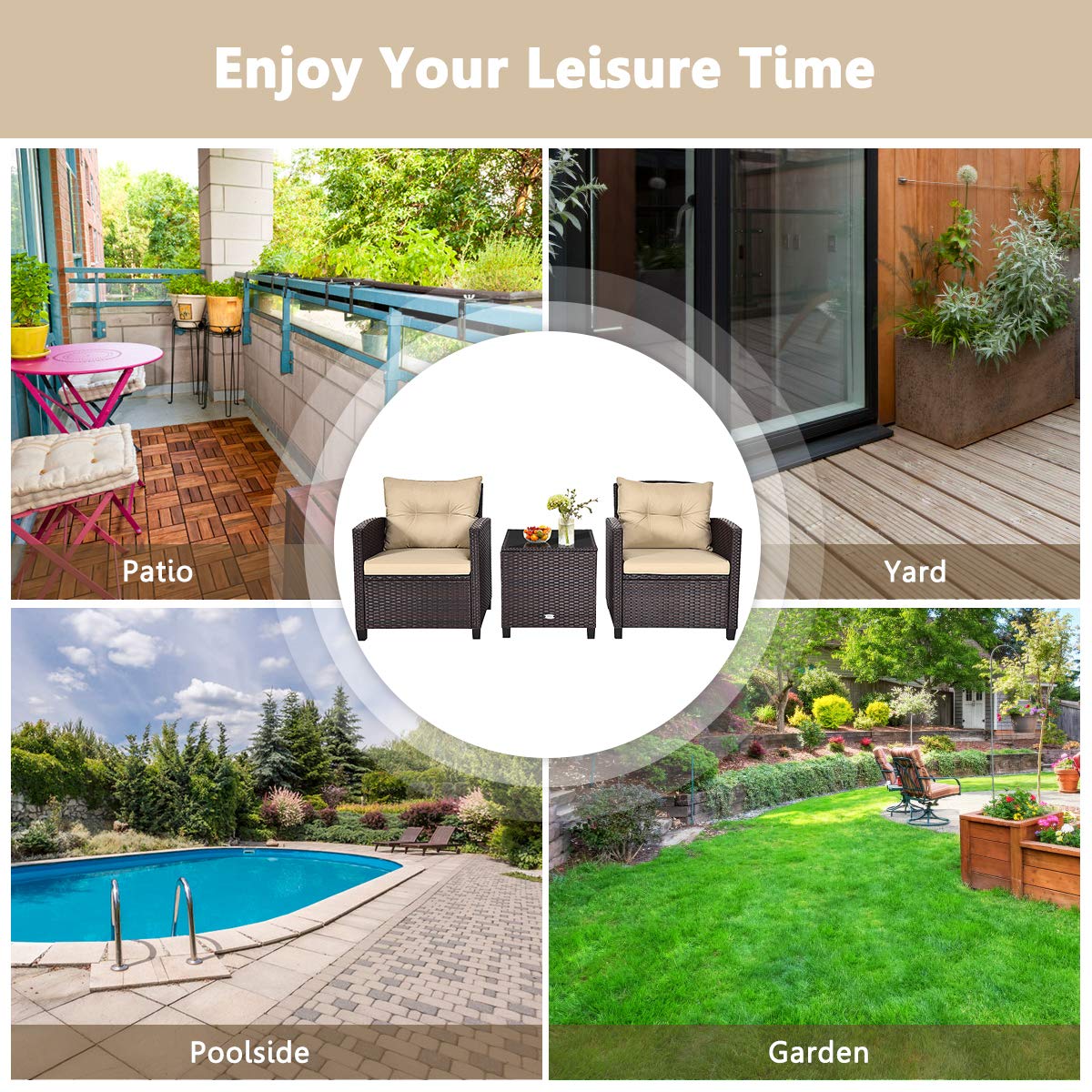 AUGESTER 3 PCS Patio Furniture Set, Outdoor PE Rattan Wicker Conversation Sofa Set w/Washable Cushion and Tempered Glass Tabletop, All Weather Chat Sofa for Garden Poolside Balcony Porch (Beige)
