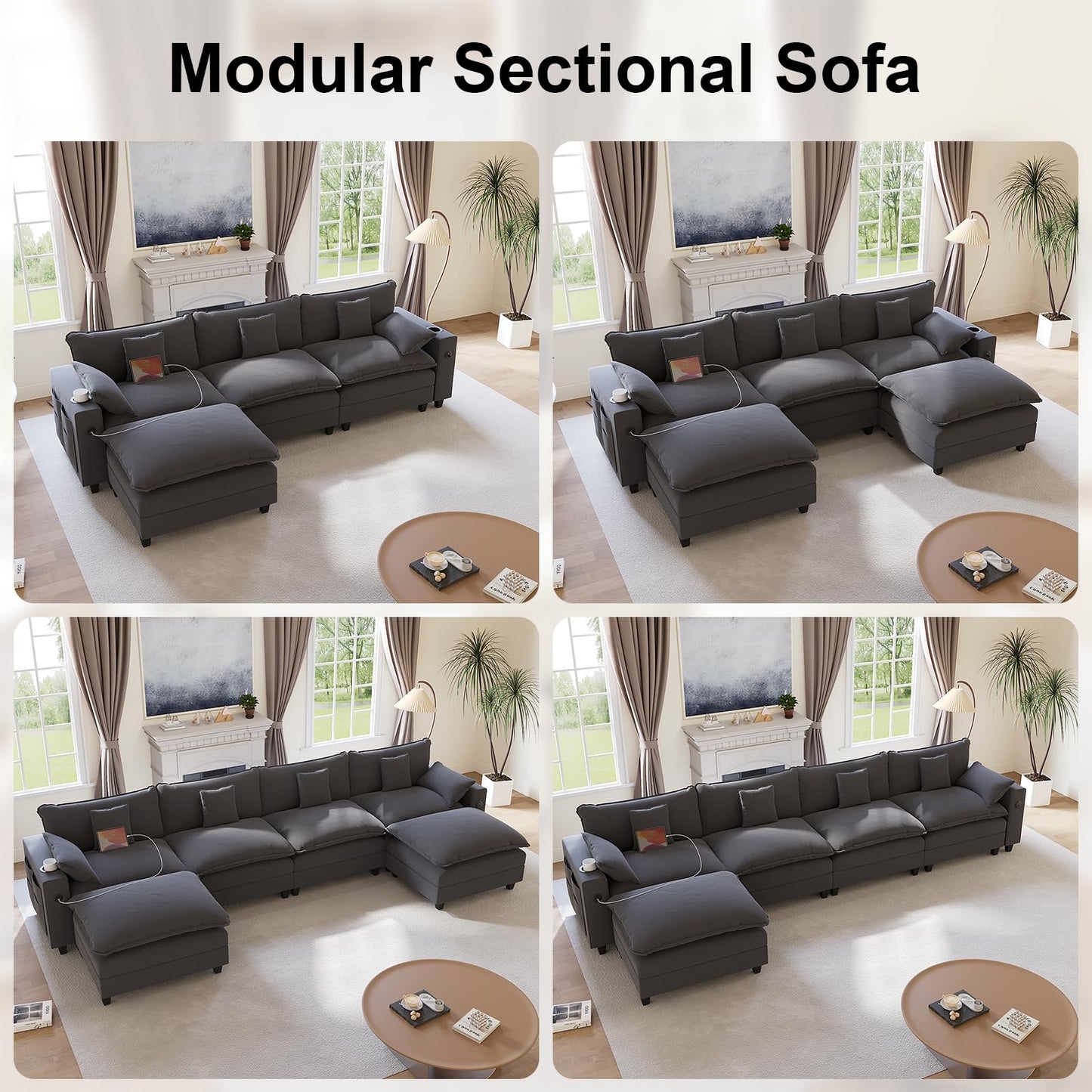 KCGKCG 152" Modular Sectional Sofa, L Shaped Cloud Couch with Movable Ottoman, Chenille Deep Seat Cloud Sofa with Charging Station, Cup Holder, Side Pocket, Sectional Couches for Living Room, Grey