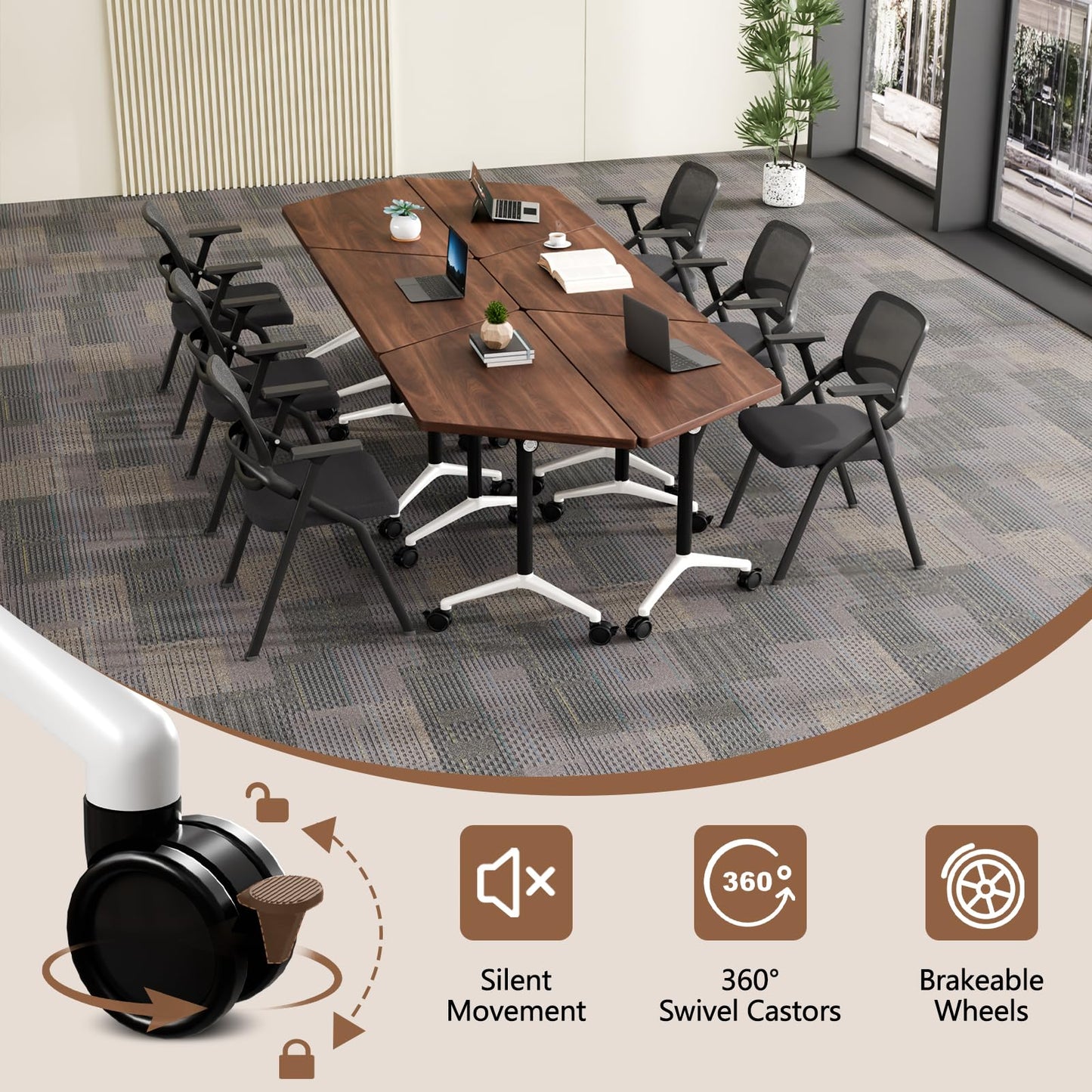 6 Pack Folding Conference Table,T-Shaped Conference Room Tables with Wheels, 47.2 in Modern Conference Table,Mobile Modular Seminar Meeting Desk for Classrooms,Office & Seminar (6, Walnut)