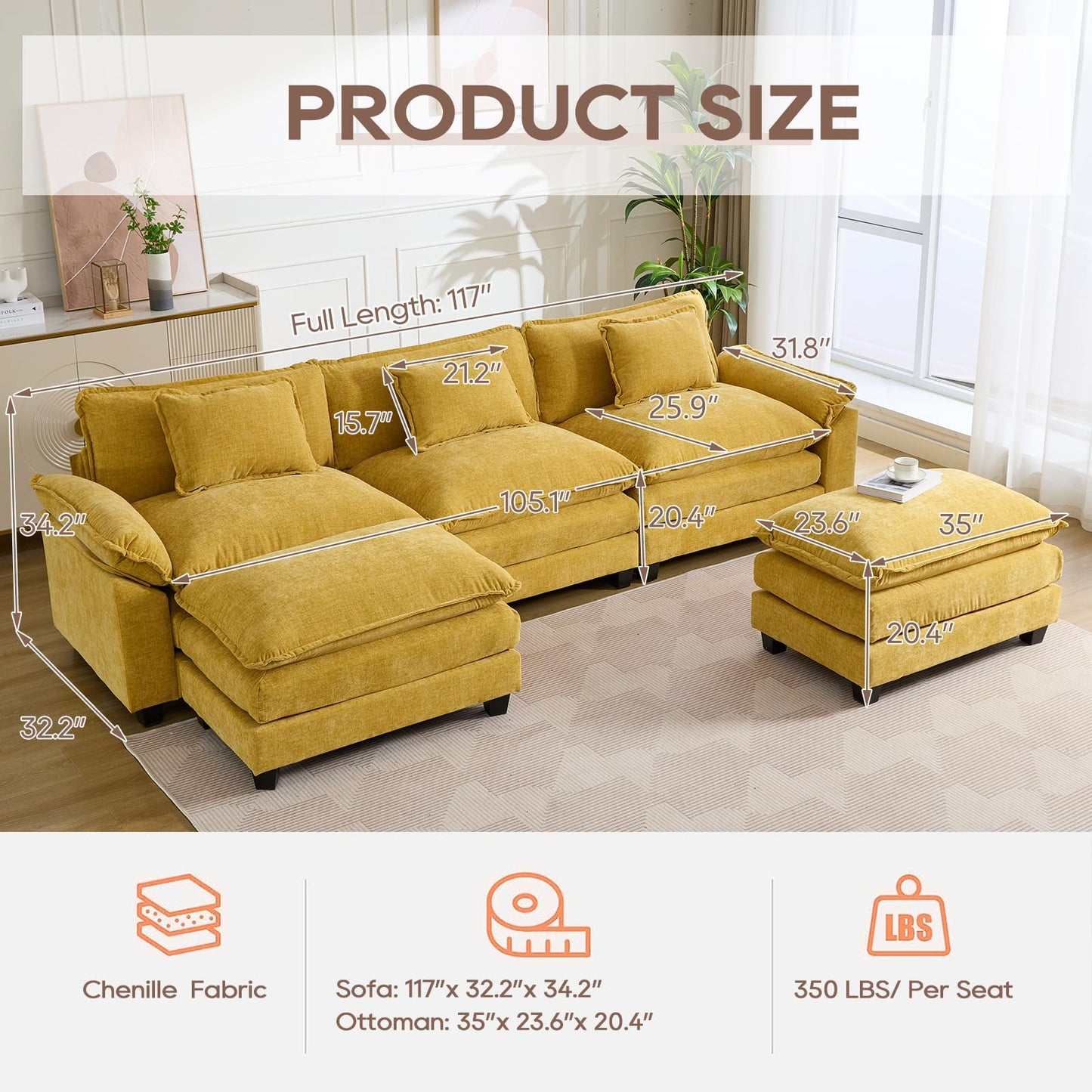 IPKIG 117" Sectional Sofa Cloud Couch, Modern Chenille U-Shaped Couch Comfy Upholstered 3-Seat Sofa with 2 Ottoman, 3 Lumbar Pillow, Deep Seat Modular Sofa for Living Room, Apartment, Studio, Yellow