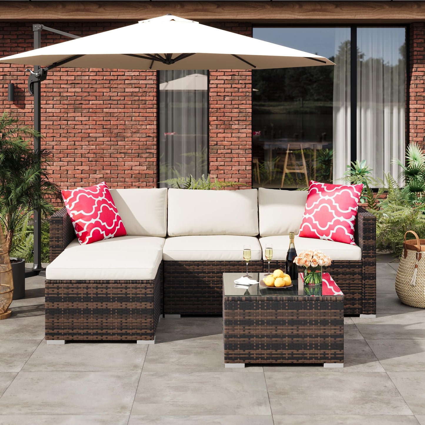 MilleLoom 5-Piece Outdoor Sectional Sofa Set, All-Weather PE Rattan Patio Furniture with Ottoman & Tempered Glass Table, Convertible Garden Couch for Backyard, Porch, Poolside (Brown/Beige)