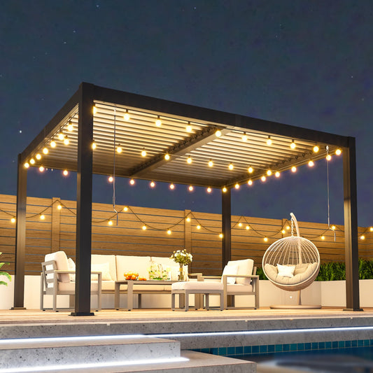 10' x 12' Louvered Pergola, Metal Outdoor Pergola with Adjustable Louvered Roof & Gutter System, Hardtop Patio Gazebo for Backyard, Deck, Garden, Dark Gray