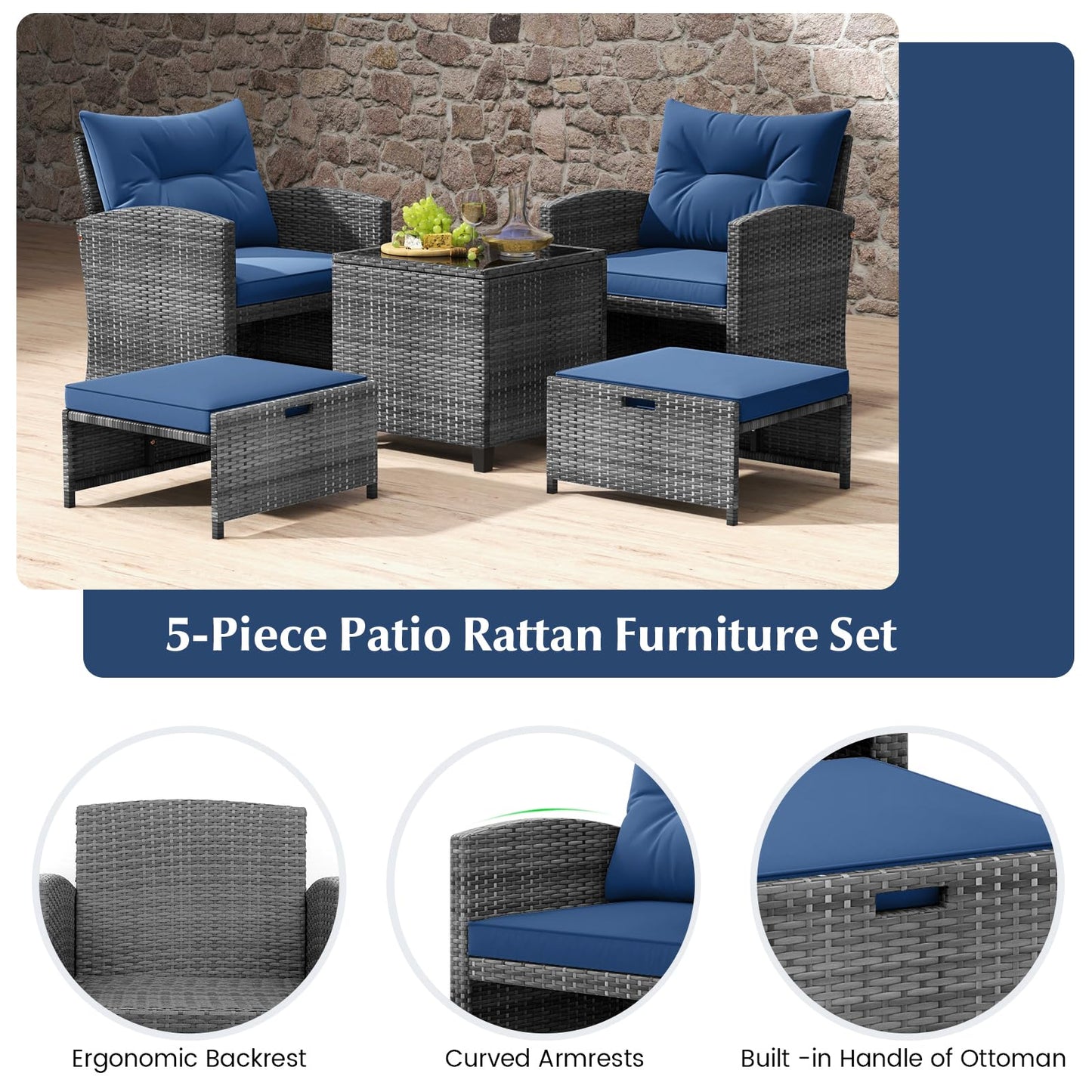 Tangkula 5 Pieces Patio Conversation Set, PE Wicker Rattan Outdoor Furniture Set with 2 Chairs, 2 Ottomans & Tempered Glass Coffee Table, Ideal for Poolside, Backyard, Lawn, Deck, Mix Grey & Navy
