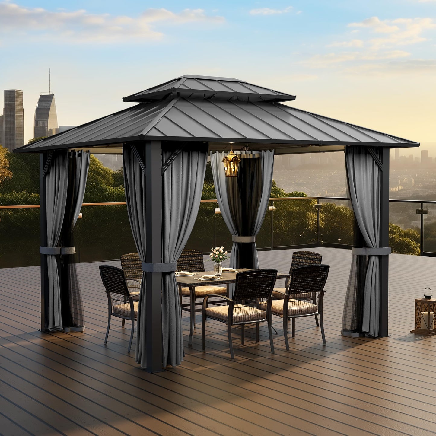 PAMAPIC 10x12FT Hardtop Gazebo,Galvanized Steel Double Roof with Aluminum Frame,Outdoor Permanent Pavilion with Breathable Netting & Privacy Curtain for Patio,Backyard,Deck,Lawn,Gray
