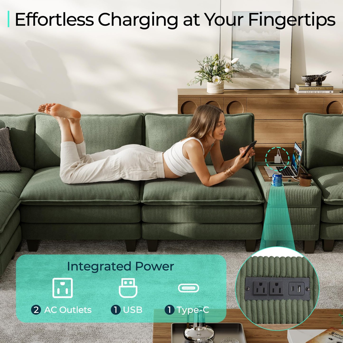 LINSY HOME Modular Sectional Sofa for Living Room, Corduroy Cloud Couch with Storage Console, USB Charging, Cup Holders, Comfy Modern Modular Cloud Couches with Movable Ottoman (Green)