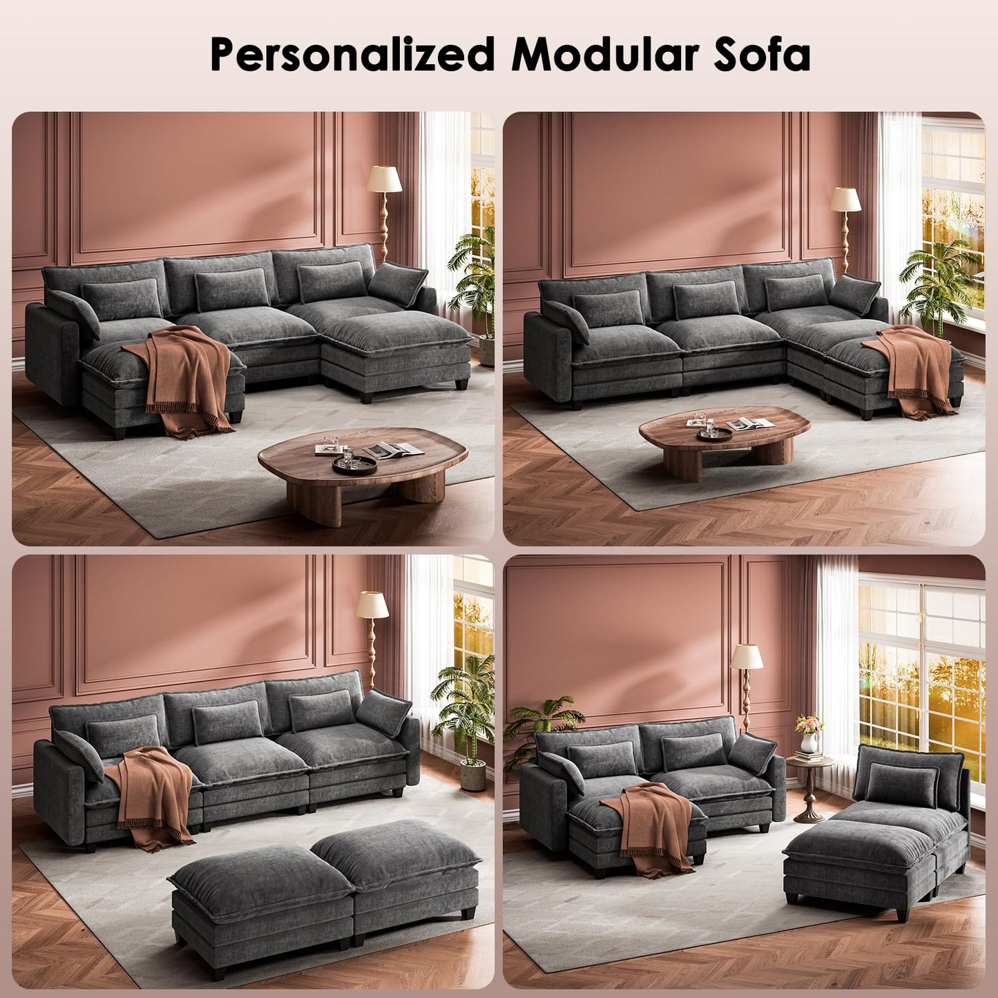 Marsail Modular Sectional Sofa 110.6" U-Shaped Modern Comfy Cloud Couch, 5-Seat Chenille Deep Seat Sofa with Throw Pillow & Movable Ottoman for Living Room, Bedroom and Apartment, Grey