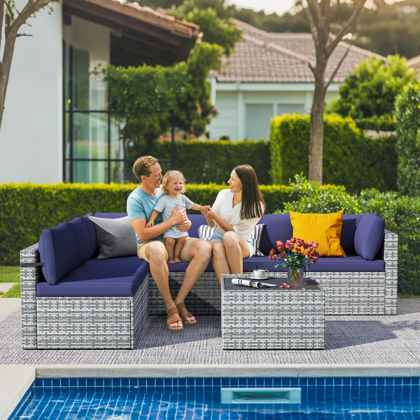 PATIOPIA 7-Piece Outdoor Sectional Sofa Set, Weather-Resistant Patio Furniture Set with Washable Cushions and Coffee Table, Grey Rattan Patio Conversation Set for Poolside, Backyard, Deck (Navy Blue)