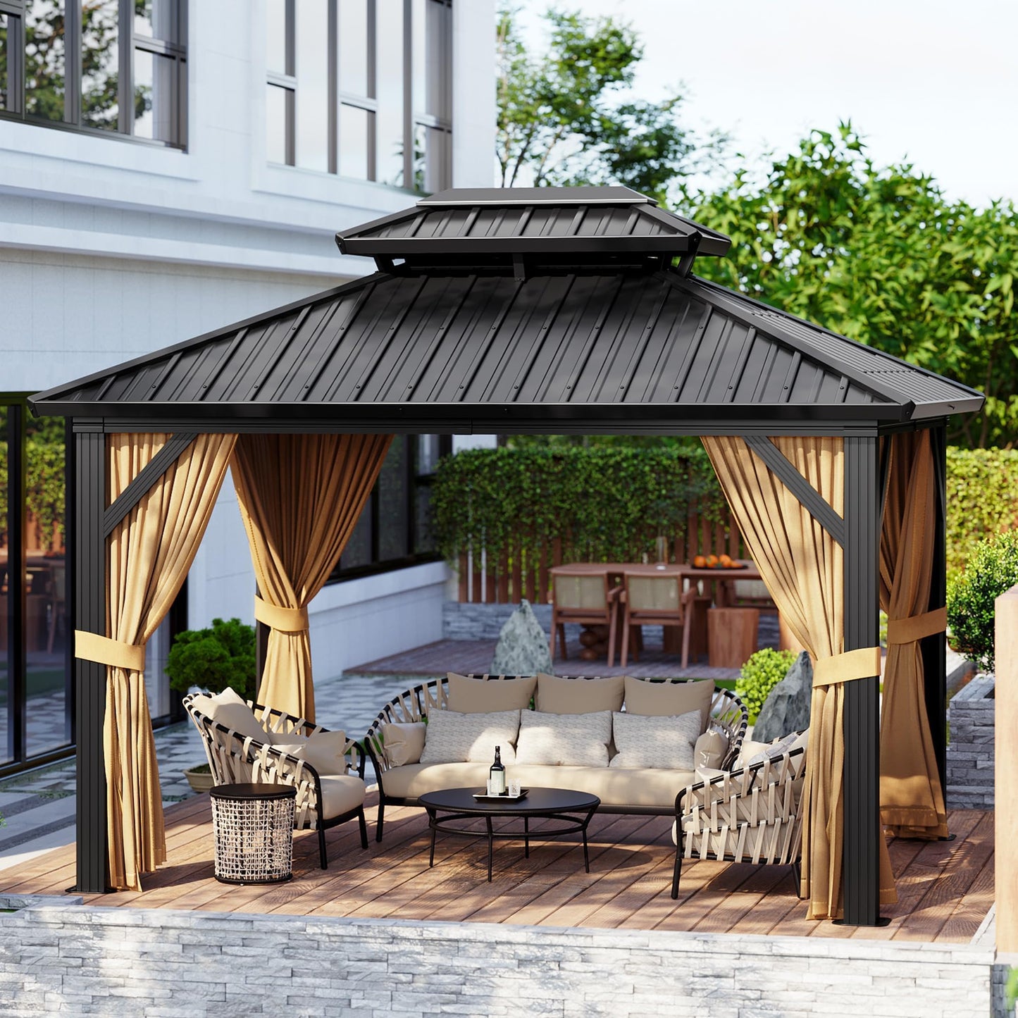 10' x 10' Hardtop Gazebo, Galvanized Steel Double Roof with Curtains & Netting – Sturdy Aluminum Frame Outdoor Patio Gazebo for Garden, Lawn, Deck and Backyard