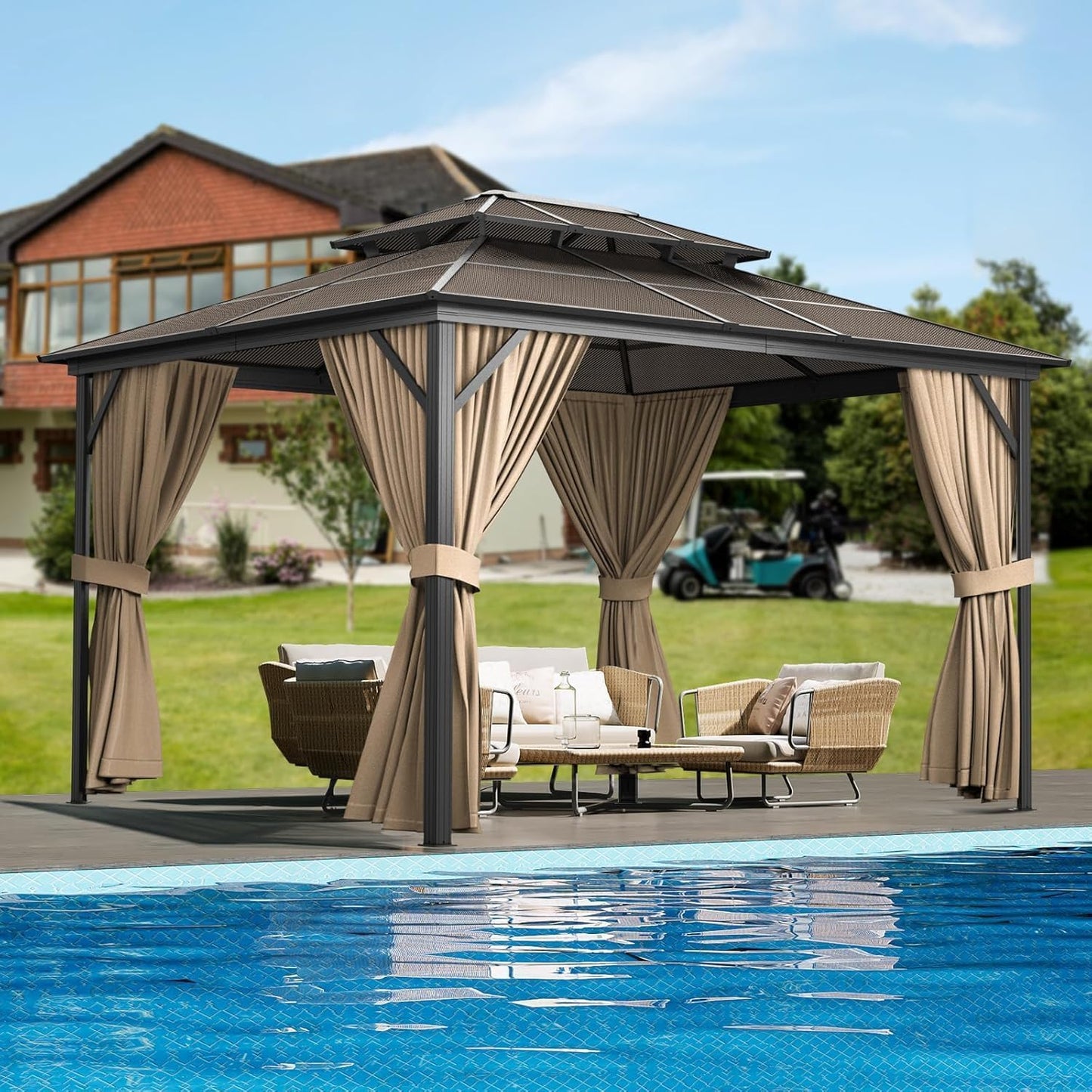10'X13' Hardtop Gazebo, Galvanized Steel Aluminum Frame with Double Roof, Heavy-Duty Outdoor Patio Gazebo with Curtains & Netting for Backyard, Deck, Porch, Garden, Lawn, Khaki