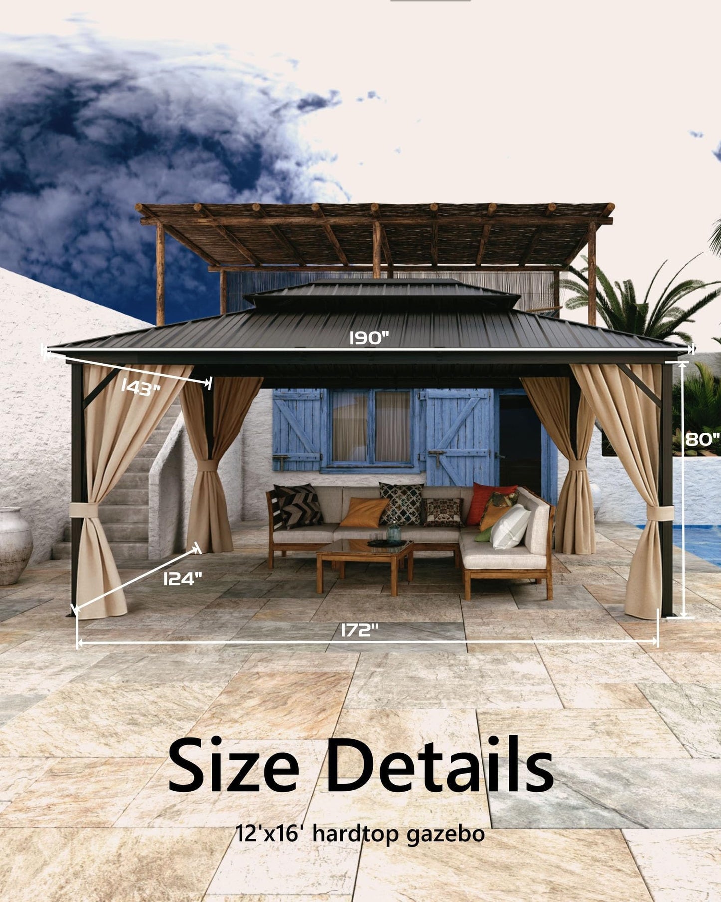 12x16 ft All-Weather Hardtop Gazebo with Double Metal Roof & Aluminum Frame – Permanent Outdoor Shelter with Net & Curtains for Patio, Deck, Backyard, Lawn, and Garden