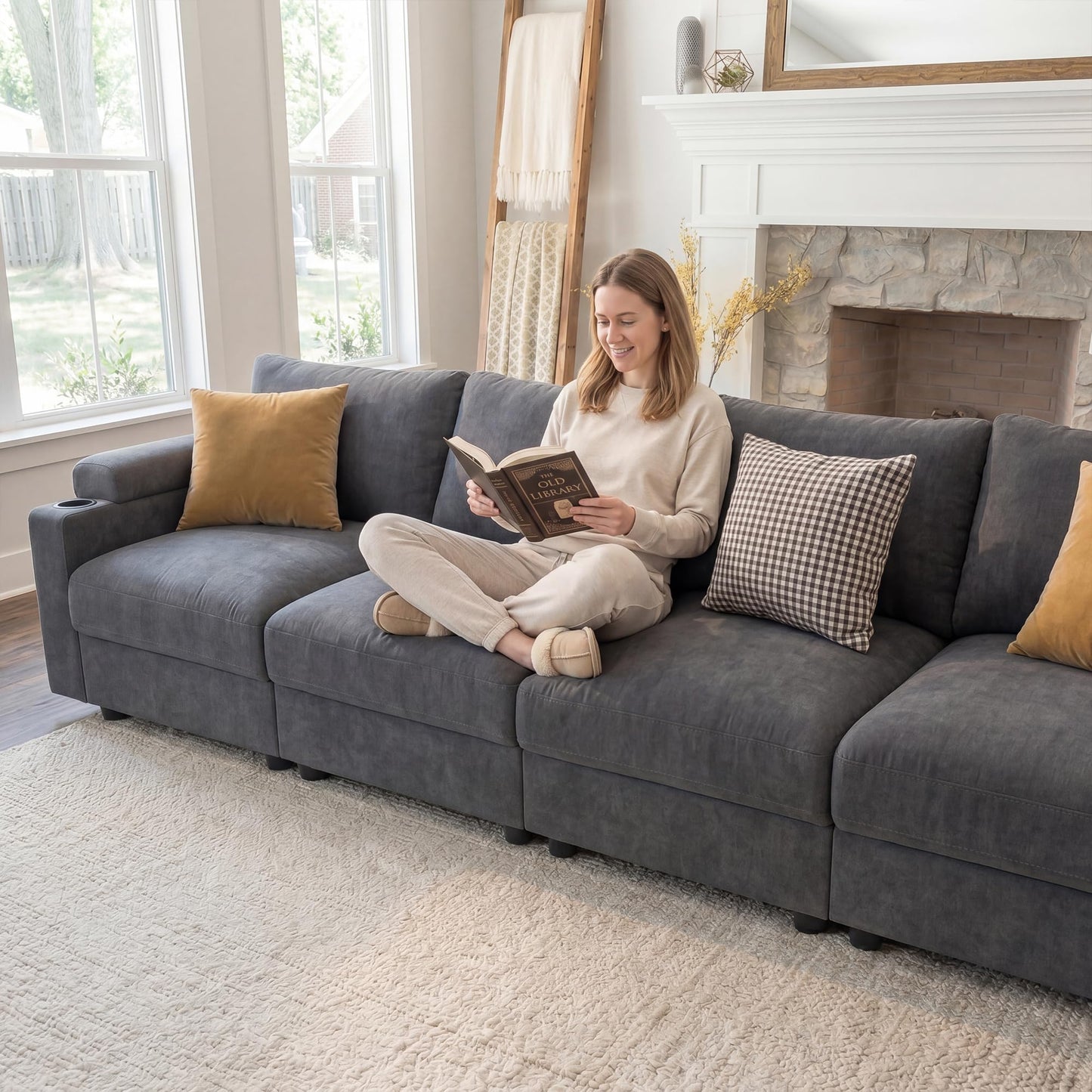 Sectional Couches for Living Room FSC Certified Velvet Modular Couch Oversized Cloud U Shaped Convertible Sleeper Sofa Chaise Detachable Armrest Cushion (Velvet Grey, 4 Seat)