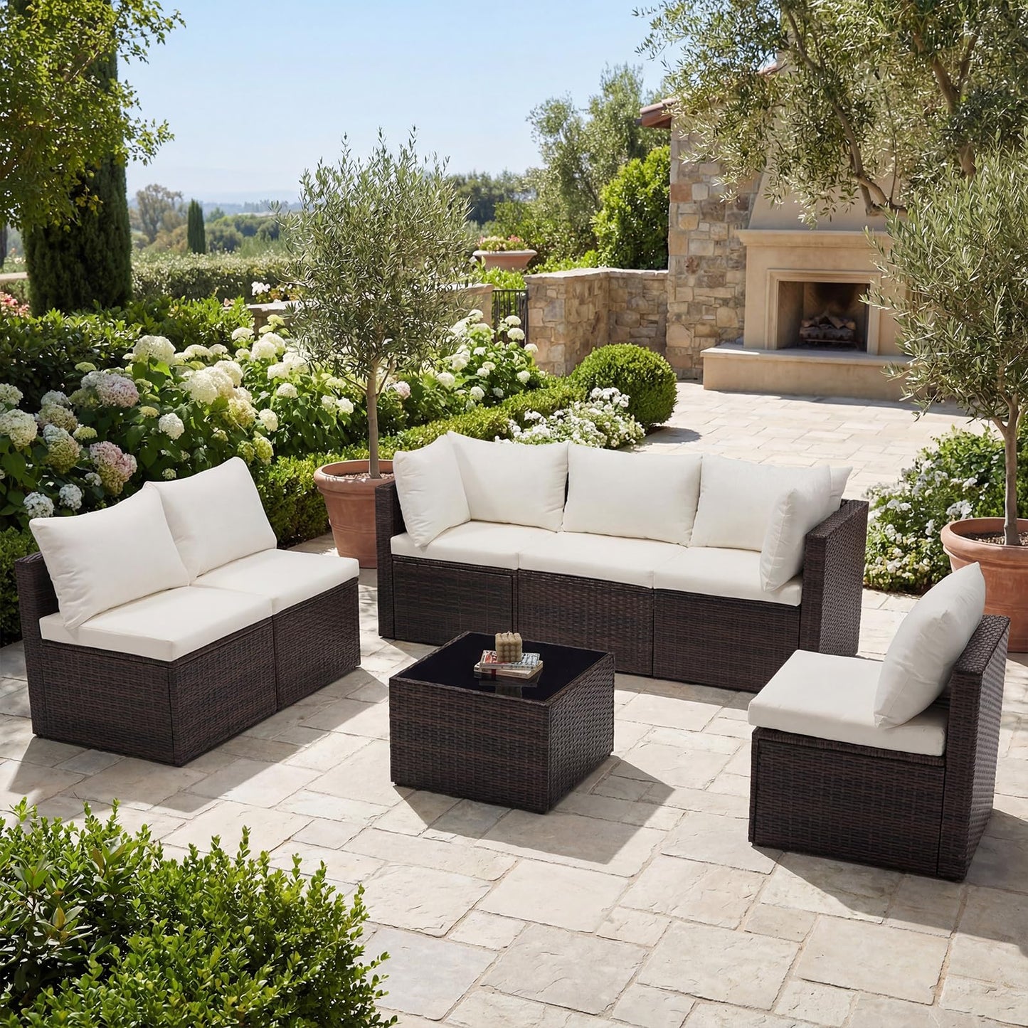 Sweetcrispy 7-Piece Outdoor Patio Sectional Sofa, Modular PE Wicker Outdoor Sectional with Thick Cushions, Rattan Patio Sofa Set with Coffee Table for Backyard, Poolside, Garden, Deck, Brown