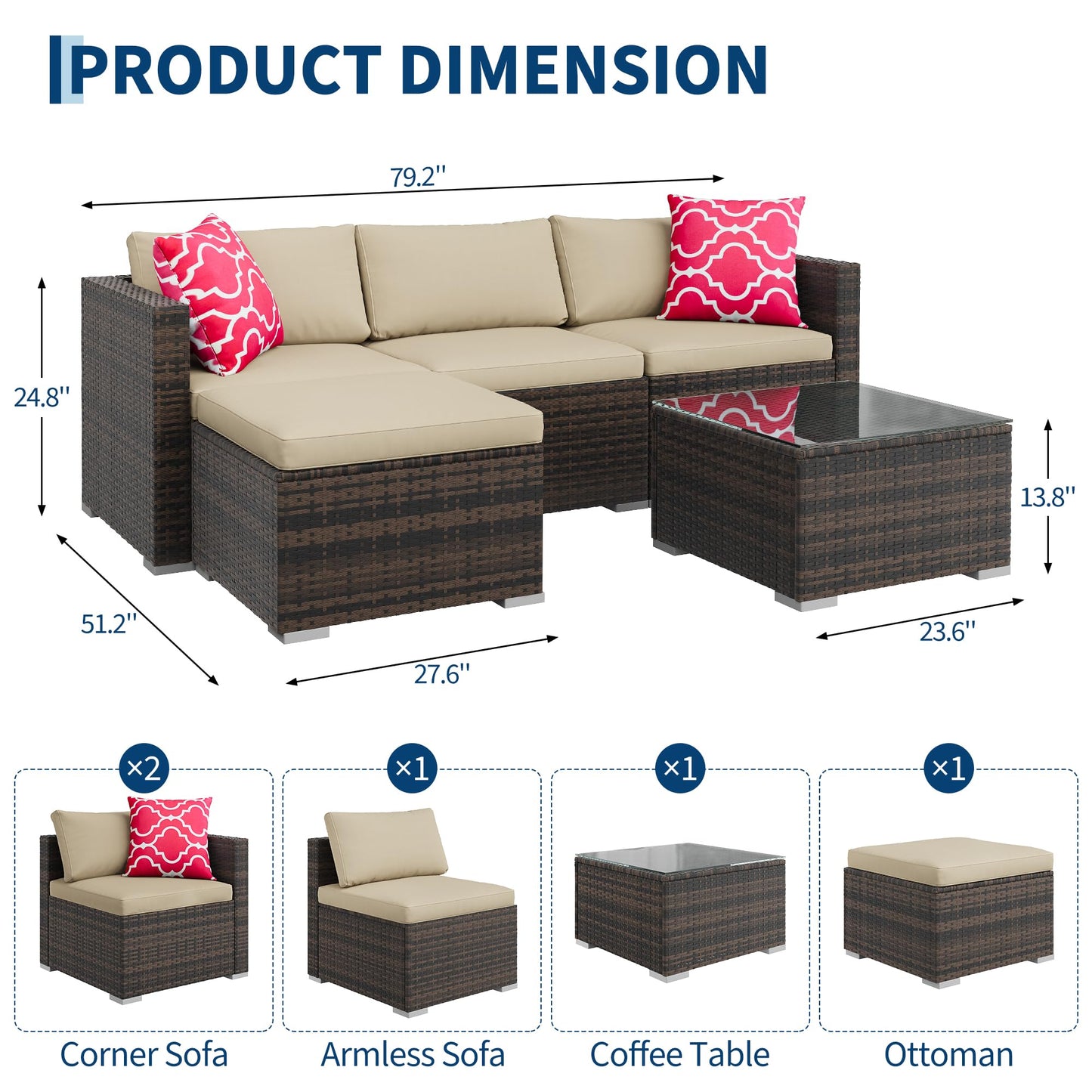 MilleLoom 5-Piece Outdoor Sectional Sofa Set, All-Weather PE Rattan Patio Furniture with Ottoman & Tempered Glass Table, Convertible Garden Couch for Backyard, Porch, Poolside (Brown/Khaki)