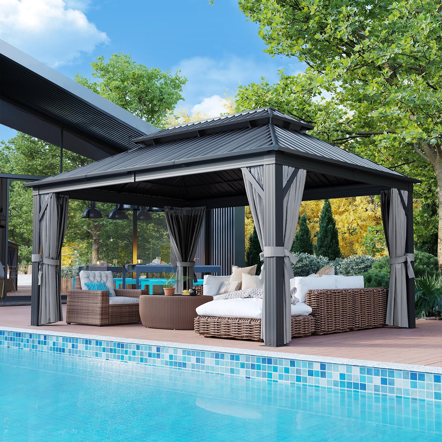 Aoxun 12FT X 16FT Hardtop Gazebo, Outdoor Pergolas with Mosquito Netting and Curtains, Galvanized Steel Double Roof Permanent Metal Gazebo, for Gardens, Decks, Patios, Parties