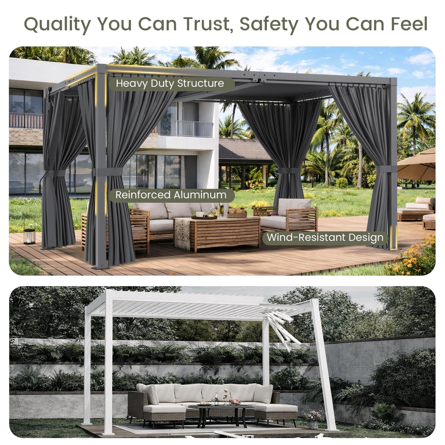 SAILARY Louvered Pergola 10' x 13' with Waterproof Curtains, Outdoor Aluminum Pergola with Reinforced Steel Roof, Heavy-Duty Hardtop Gazebo, Privacy Privacy Shaded Shelter, Grey