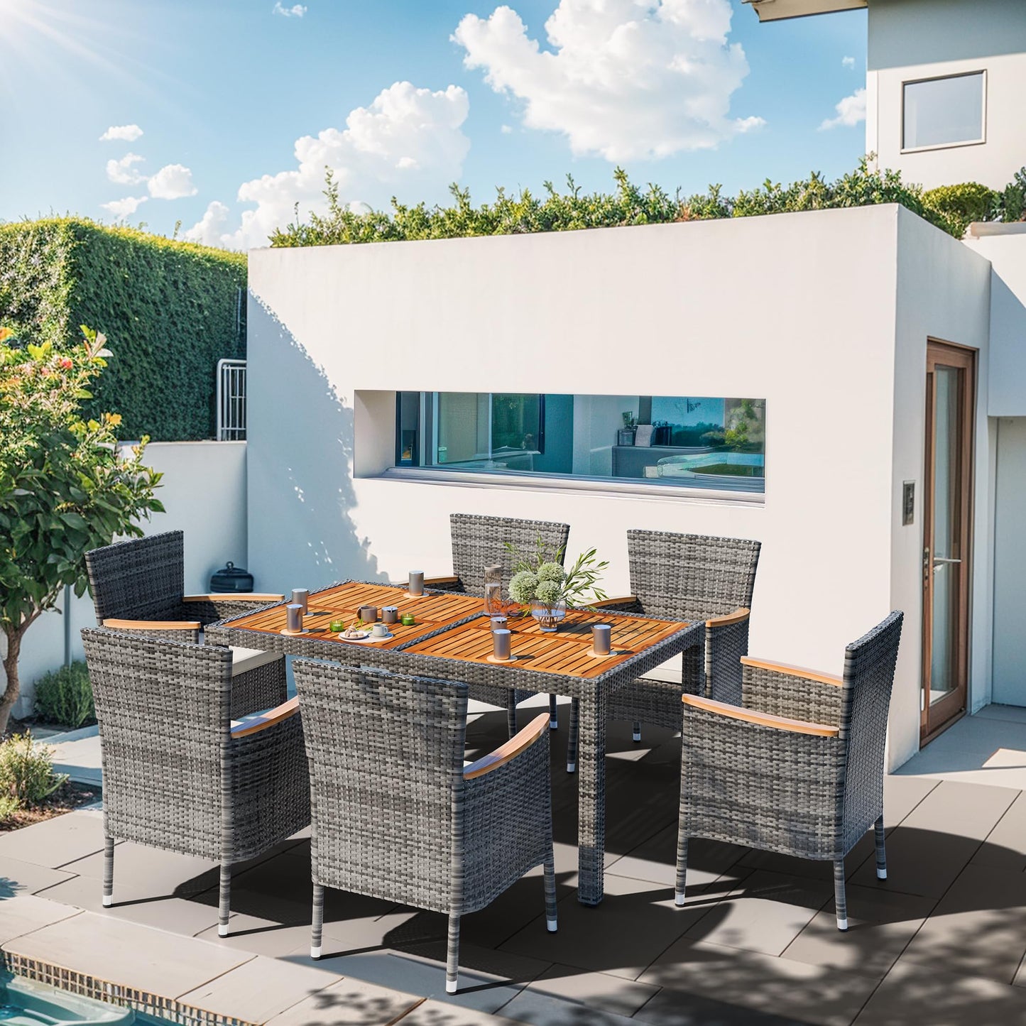 Shintenchi 7 Piece Patio Dining Set, Wicker Patio Conversation Set with Wooden Table Top, Outdoor Table and Chairs with Soft Cushions for Backyard, Deck and Garden, Grey Wicker