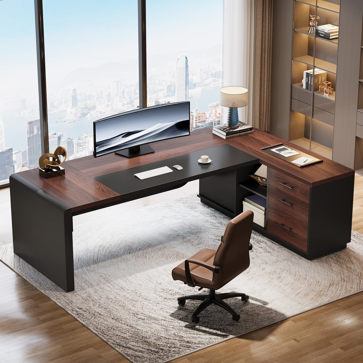 Tribesigns 80'' L-Shaped Desk, Large Executive Office Desk with 55'' Drawers Cabinet, Modern Computer Table with Storage Shelves, Business Furniture for Home Office, Walnut & Black