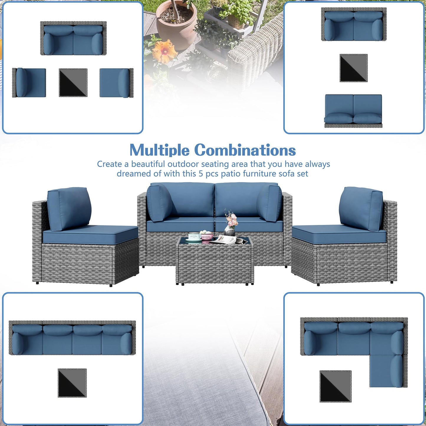 Patio Furniture Sets, 5 Piece Outdoor Sectional Sofas, Wicker Rattan Outdoor Furniture Patio Conversation Set, All-Weather PE Rattan Outdoor Couch for Backyard, Garden, Gray & Aegean Blue