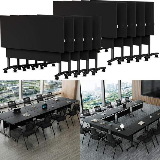 Conference Room Table with Wheels 6ft Folding Modular Large Black Conference Table Foldable Modern Rectangle Training Meeting Tables for Classroom Office(10, Black, D 55")