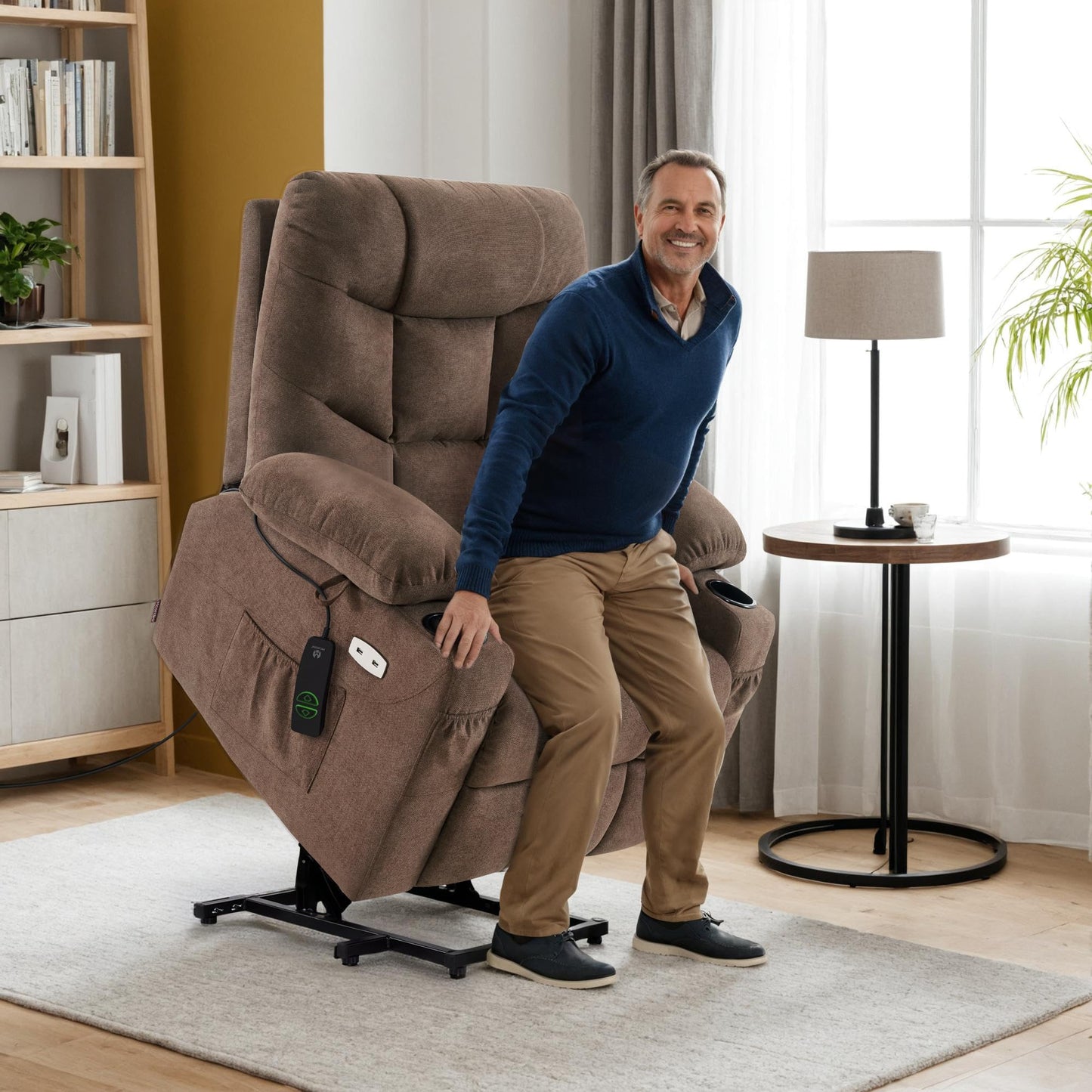 MCombo Power Lift Recliner Chair with Extended Footrest for Elderly People, Fabric 7287/7087 (Brown, Medium)