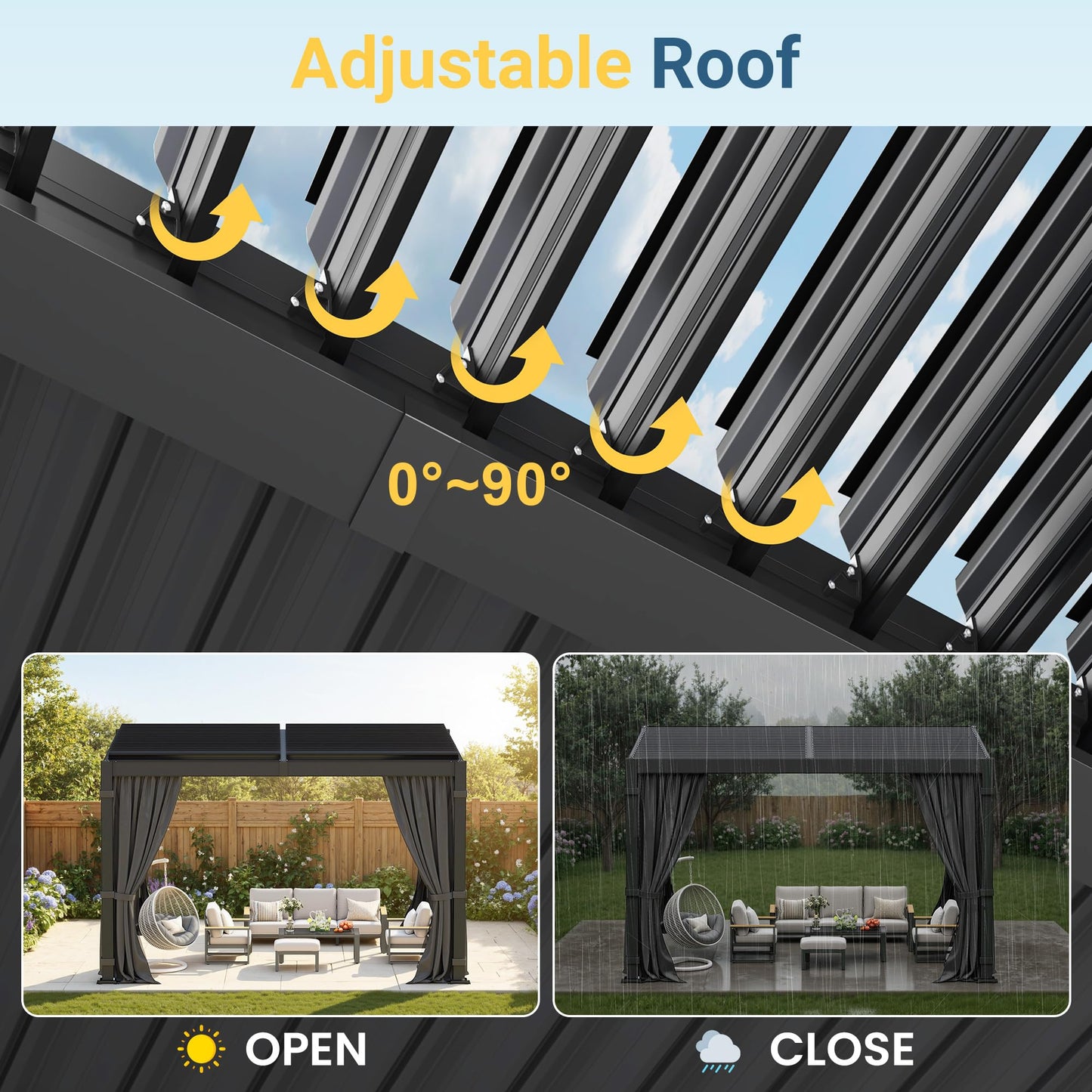 10' x 12' Louvered Pergola, Metal Outdoor Pergola with Adjustable Louvered Roof, Curtains & Netting, Patio Hardtop Gazebo with Gutter System for Deck, Garden, Yard, Dark Gray