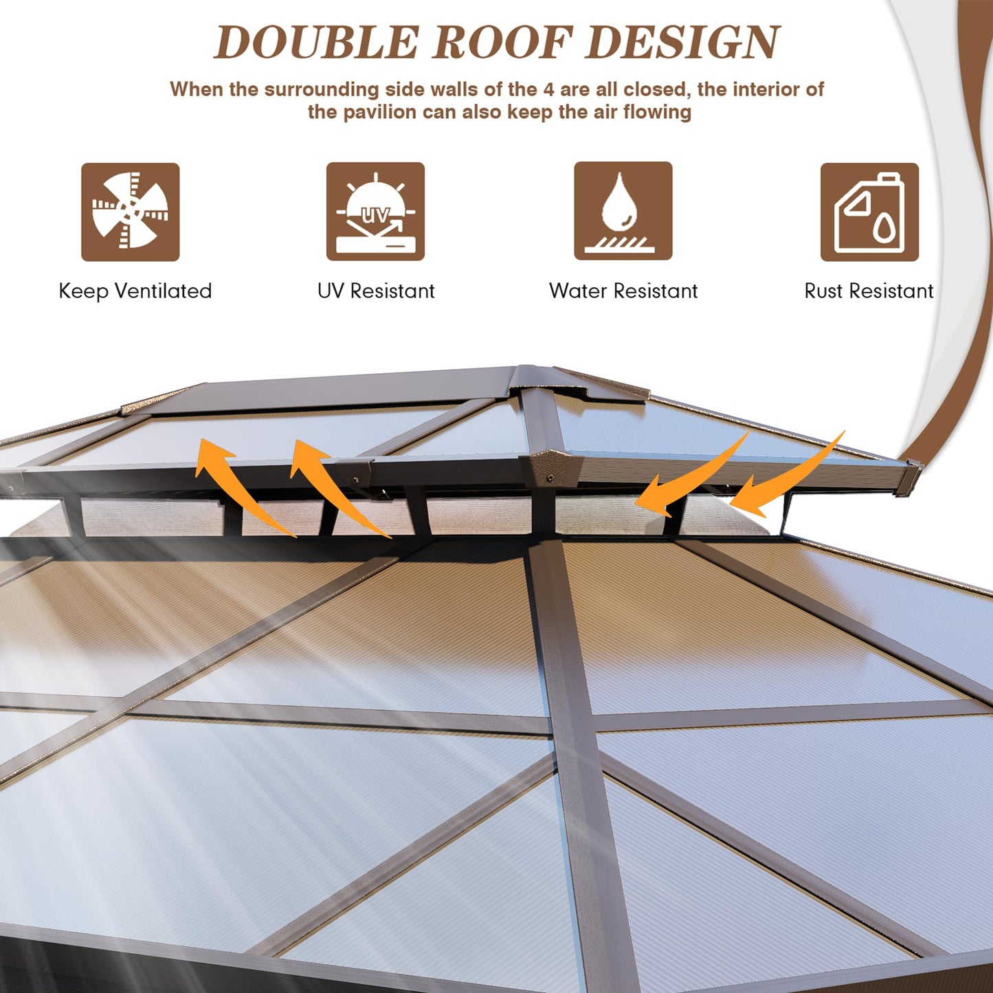 EROMMY 10' x 13' Gazebo Polycarbonate Double Roof Canopy Outdoor Aluminum Frame Pergola, Permanent Pavilion with Netting and Curtains for Garden Patio Lawns Parties