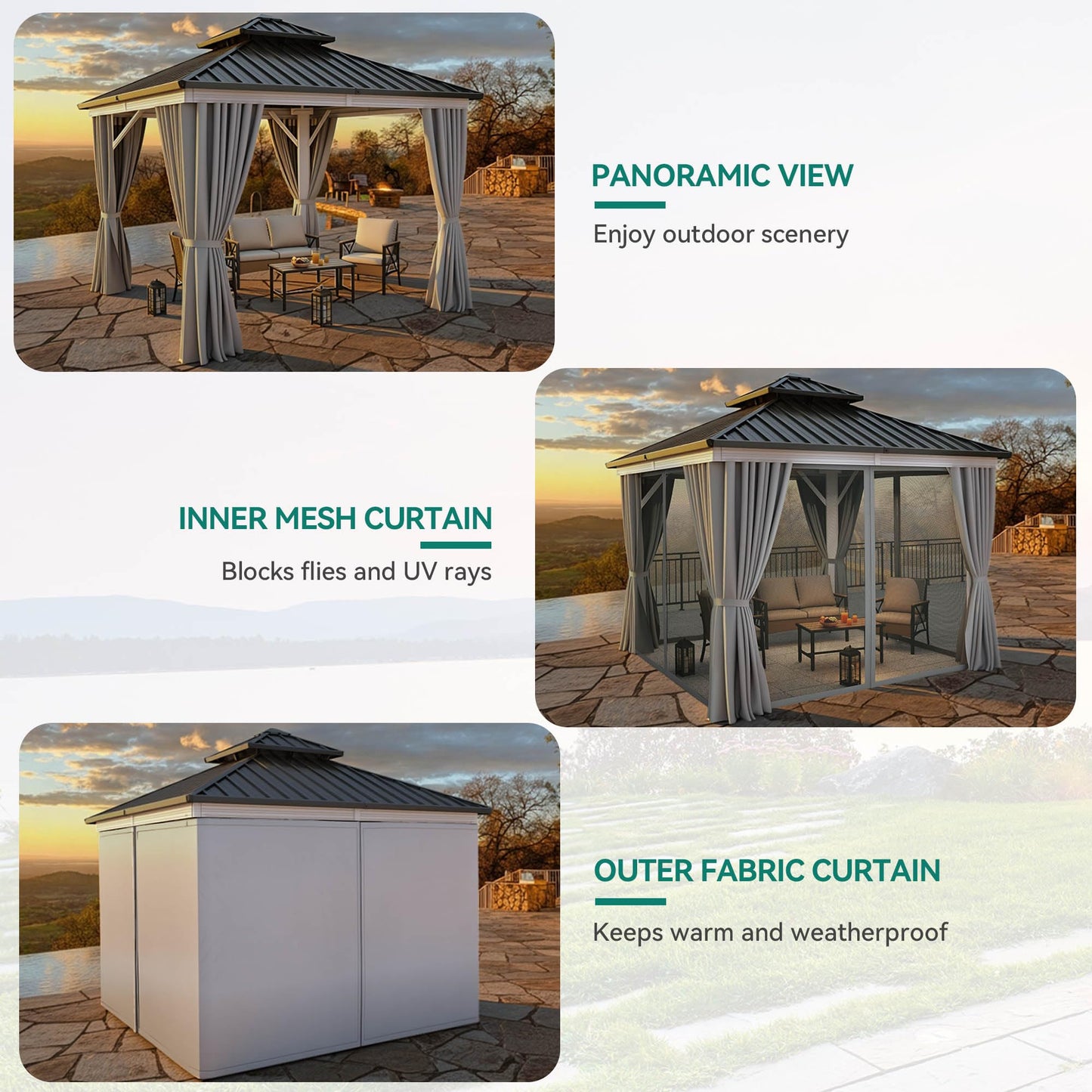 YITAHOME 10X10FT Gazebo Patios Hard Top Outdoor Double Roof Canopy Aluminum Frame Metal Top Garden Gazebo with Curtains Netting for Backyards Decks Lawns, White