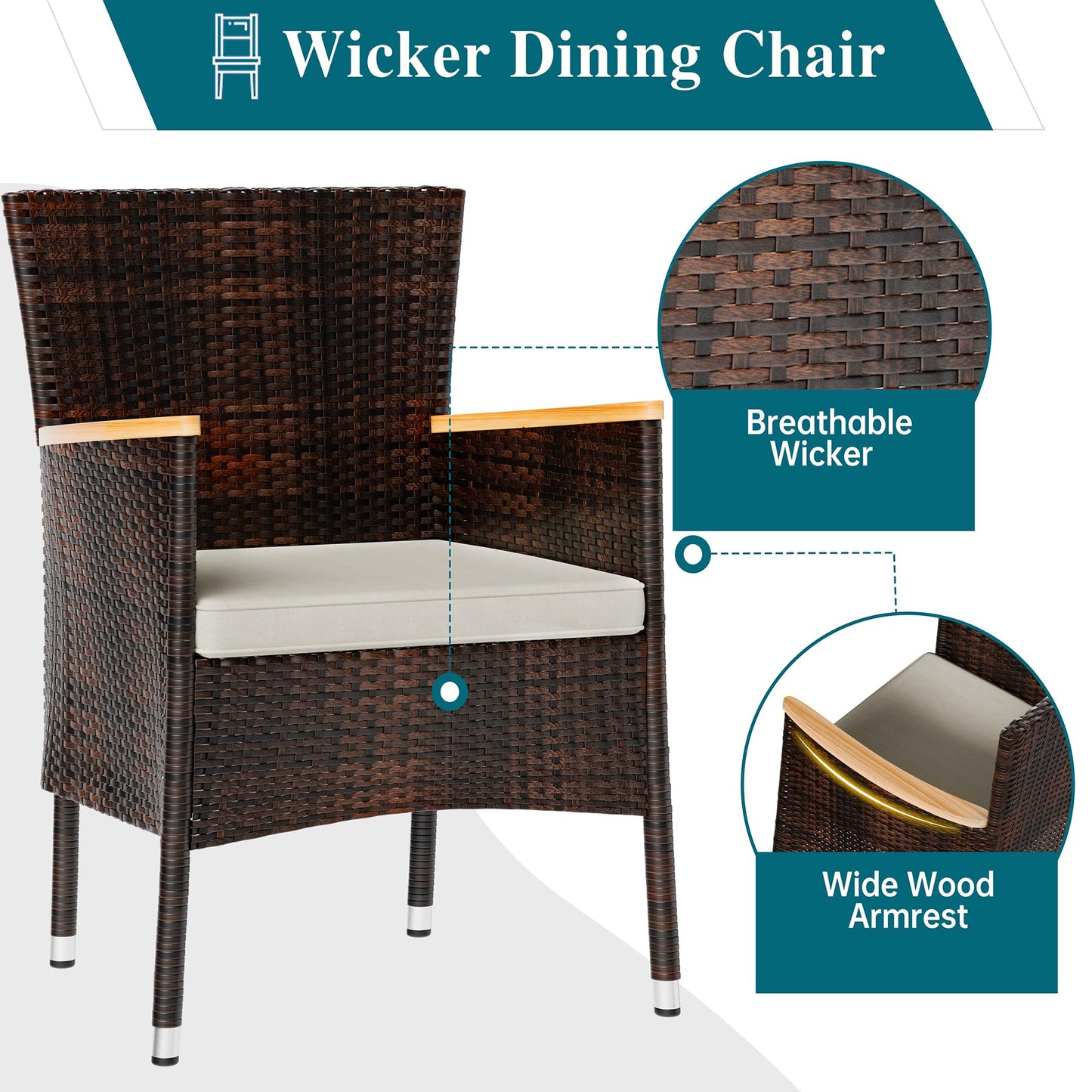 Shintenchi 7 Piece Patio Dining Set, Wicker Patio Conversation Set with Wooden Table Top, Outdoor Table and Chairs with Soft Cushions for Backyard, Deck and Garden, Brown Rattan
