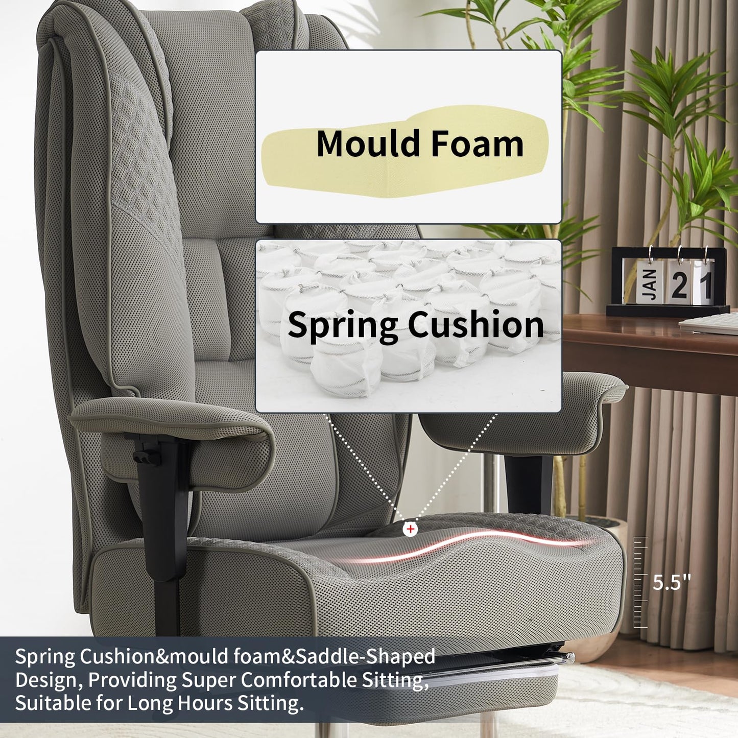 EXCEBET Big and Tall Office Chair 400lbs Wide Seat, Leather High Back Executive Office Chair with Foot Rest, Ergonomic Chairs Lumbar Support for Lower Back Pain Relief (Mesh Light Grey)