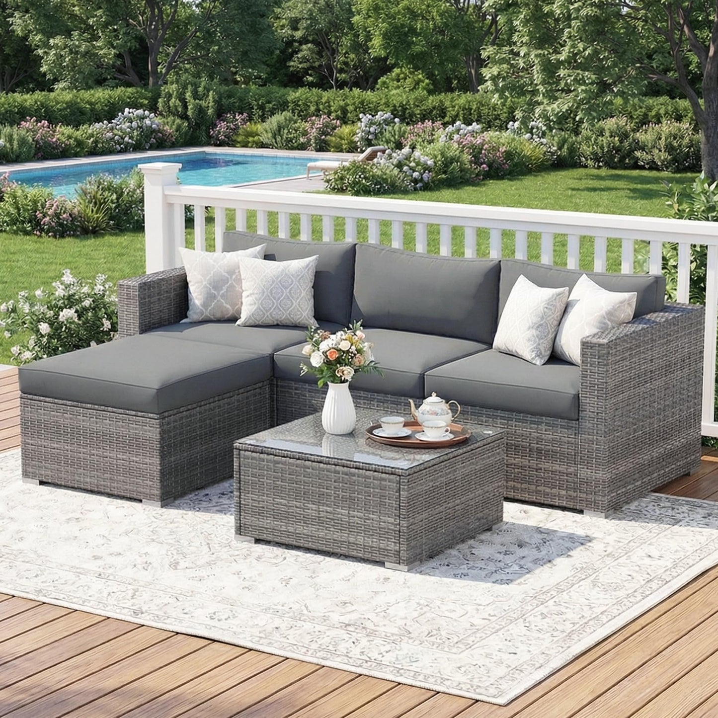 Wisteria Lane Outdoor Patio Furniture Set, All Weather Wicker Rattan Sectional Sofa, Patio Conversation Set with Cushions & Glass Coffee Table for Backyard Porch Garden Balcony, Grey
