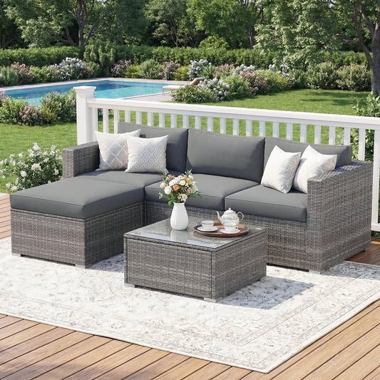 Wisteria Lane Outdoor Patio Furniture Set, All Weather Wicker Rattan Sectional Sofa, Patio Conversation Set with Cushions & Glass Coffee Table for Backyard Porch Garden Balcony, Grey