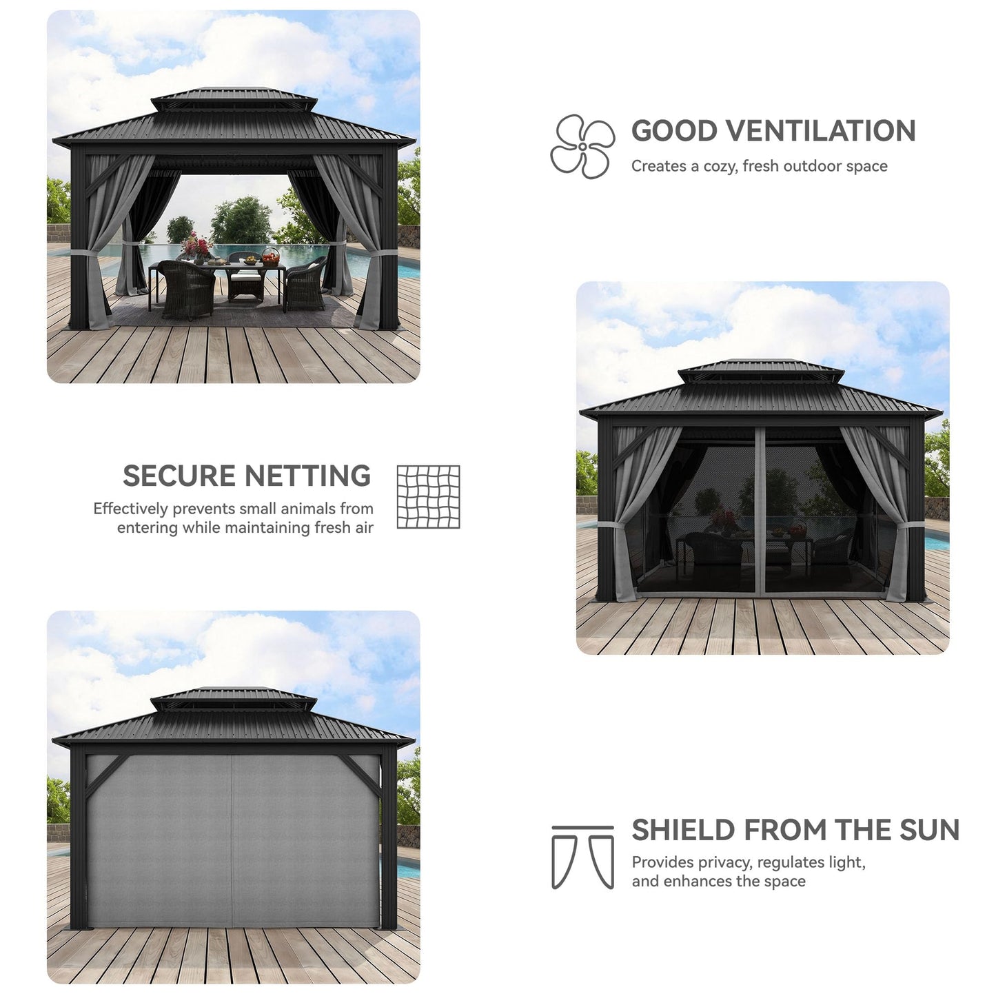 YITAHOME 12x14ft Hardtop Gazebo Outdoors with Nettings and Curtains, Heavy Duty Double Roof Galvanized Steel Outdoor Double Roof for Patio, Backyard, Deck, Lawns, Gray