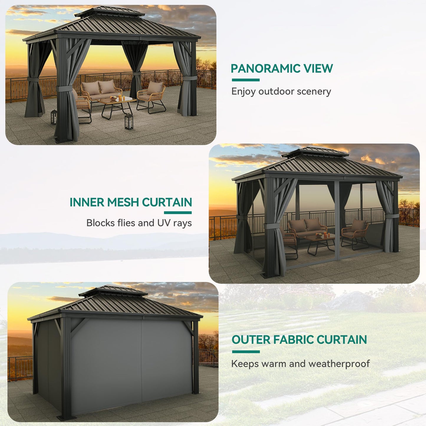 YITAHOME 10X12FT Gazebo Hard Top Patios Aluminum Frame Double Roof Canopy Garden Metal Gazebo Tent Curtains Netting for Patios Backyards Decks Lawns, Gray