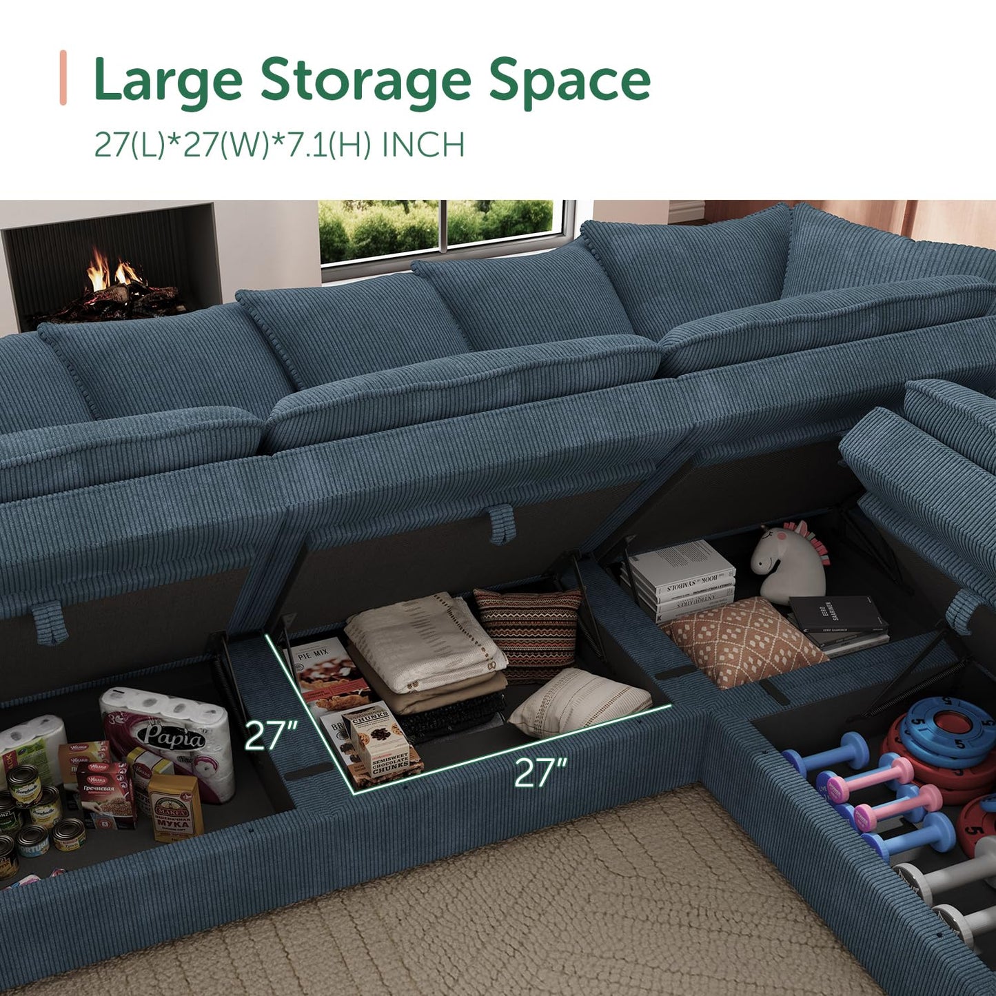 HONBAY Modular Sectional Sofa, 6 Seaters Corduroy Sectional Couch, L Shaped Couch with Storage & Pillows, Blue